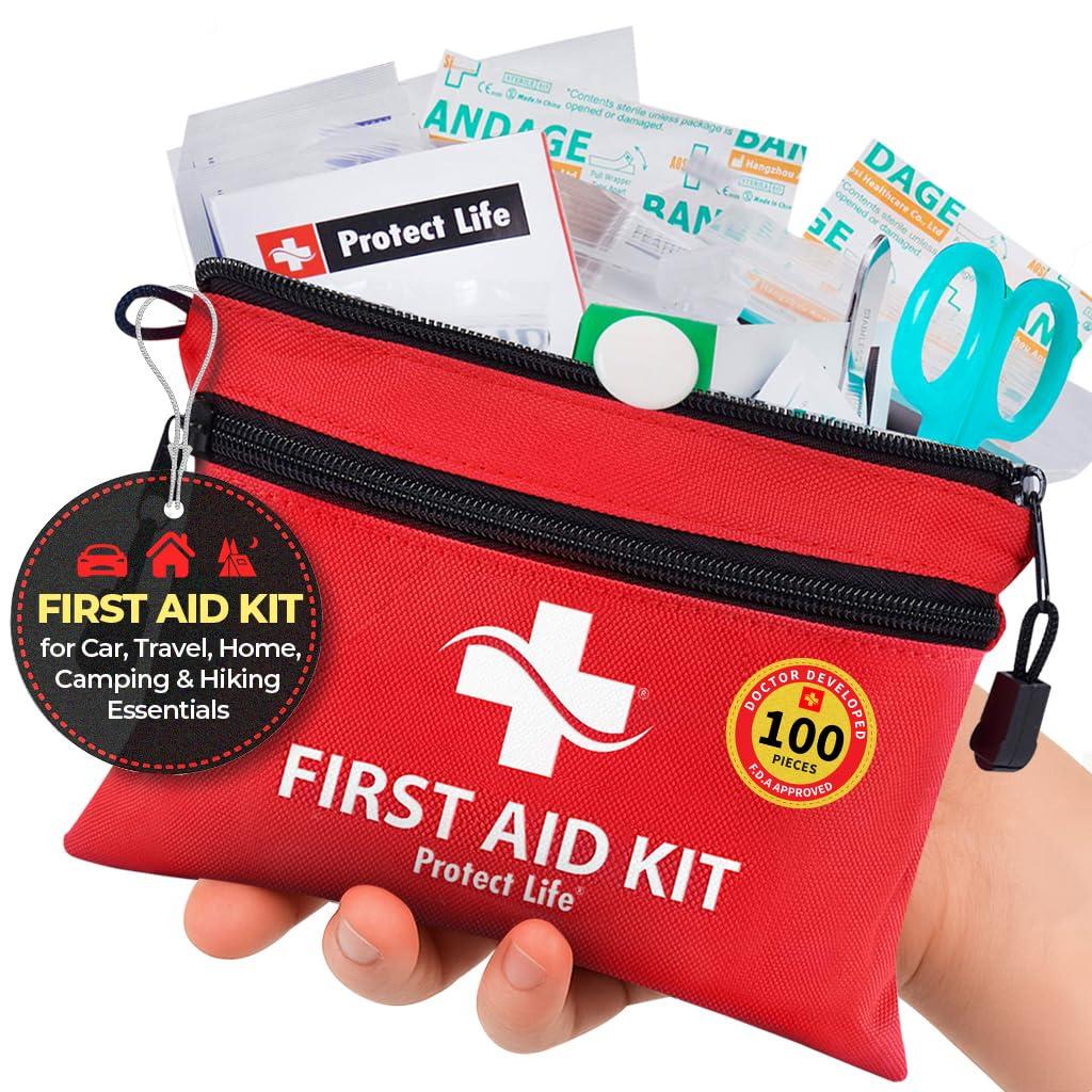 Protect Life First Aid Kit, Travel First Aid Kit for Car, 100 Piece Compact Emergency Preparedness Starter Kit for Home, Office, Camping, Hiking