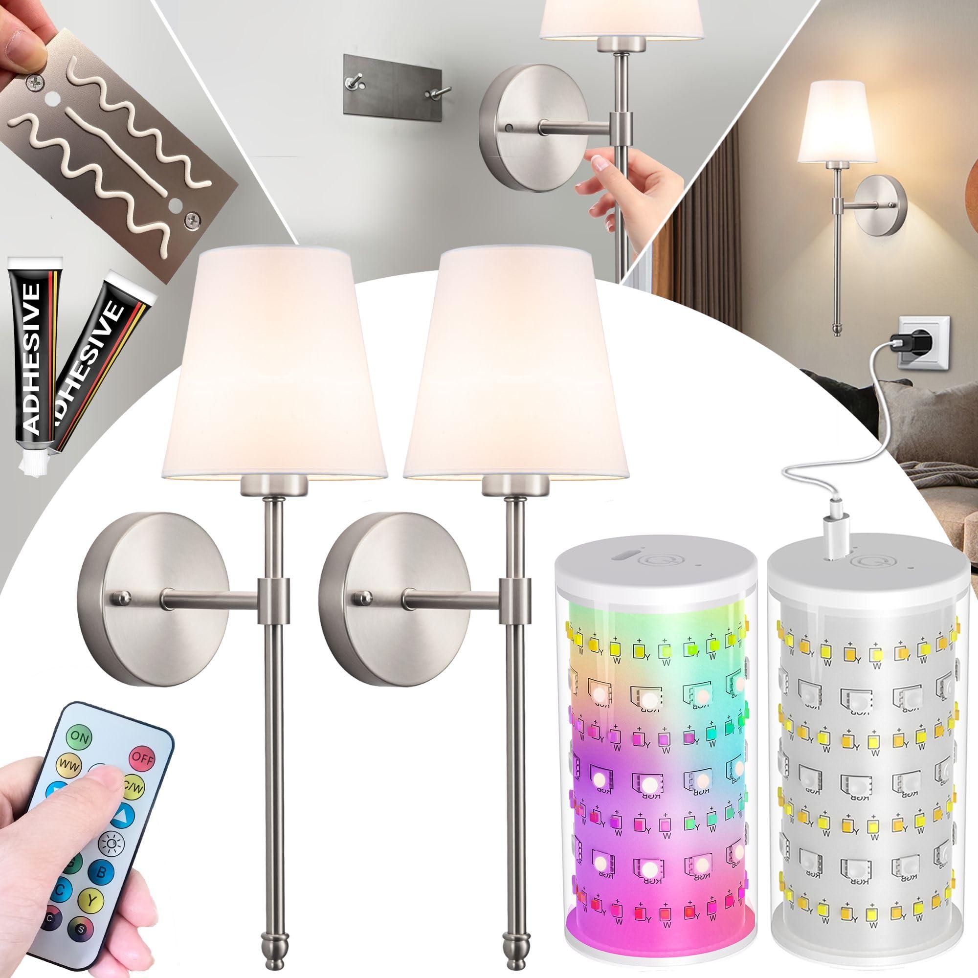 Vimhou Peel and Stick Wall Sconces, Stick On Wall Sconce Set of 2, Battery Operated Wireless Wall Light, No Drill Adhesive Wall Lamp, Corn Bulb with 10000mAh Rechargeable Battery, Bedroom Wall Decor