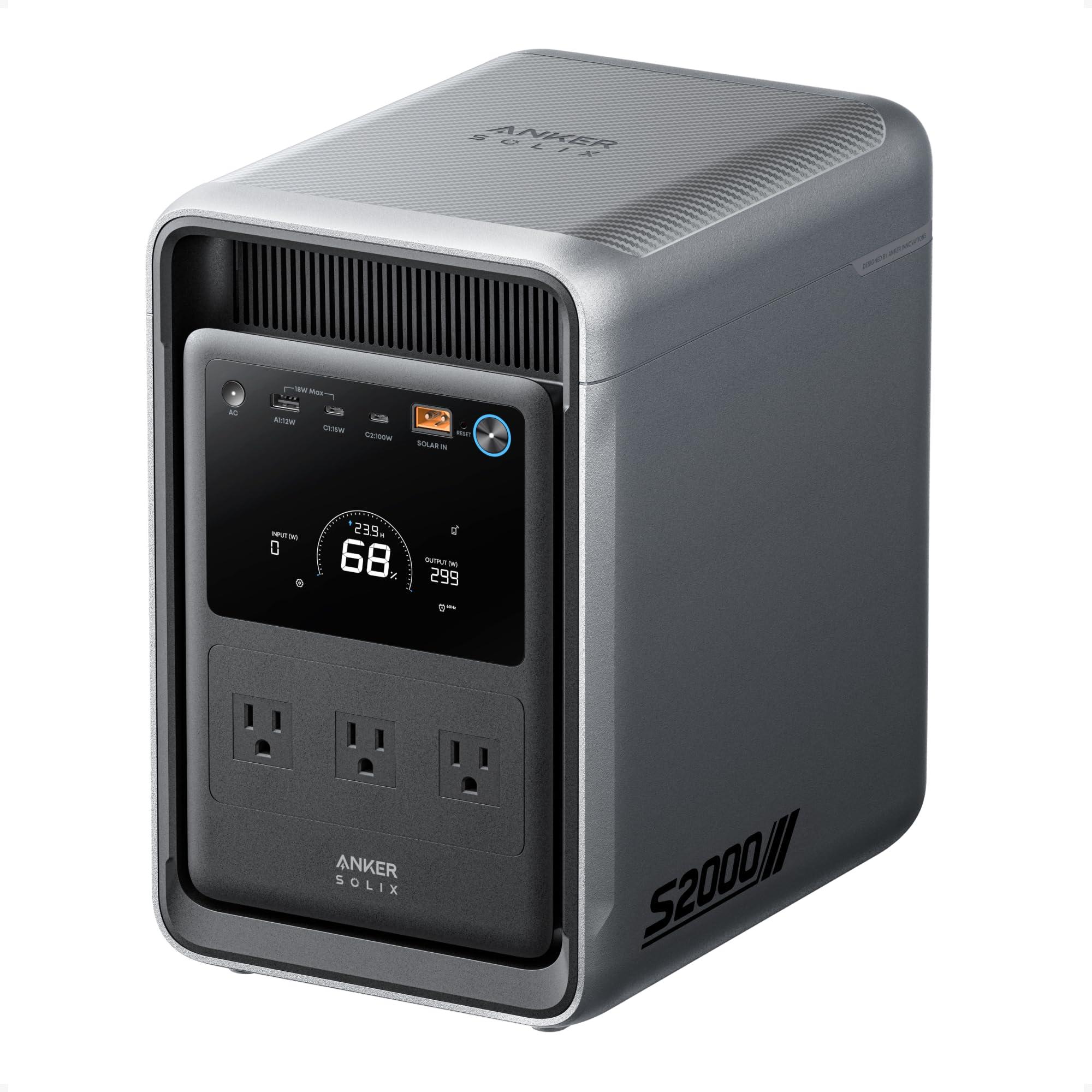 Anker SOLIX S2000 Portable Power Station, 2,010Wh, 3,000W Peak, Home Backup | LiFePO4 Battery, Up to 35-Hour Fridge Backup, 1,500W Solar Generator for Home, UPS, Outdoor, and Emergency Use (3000W Peak)