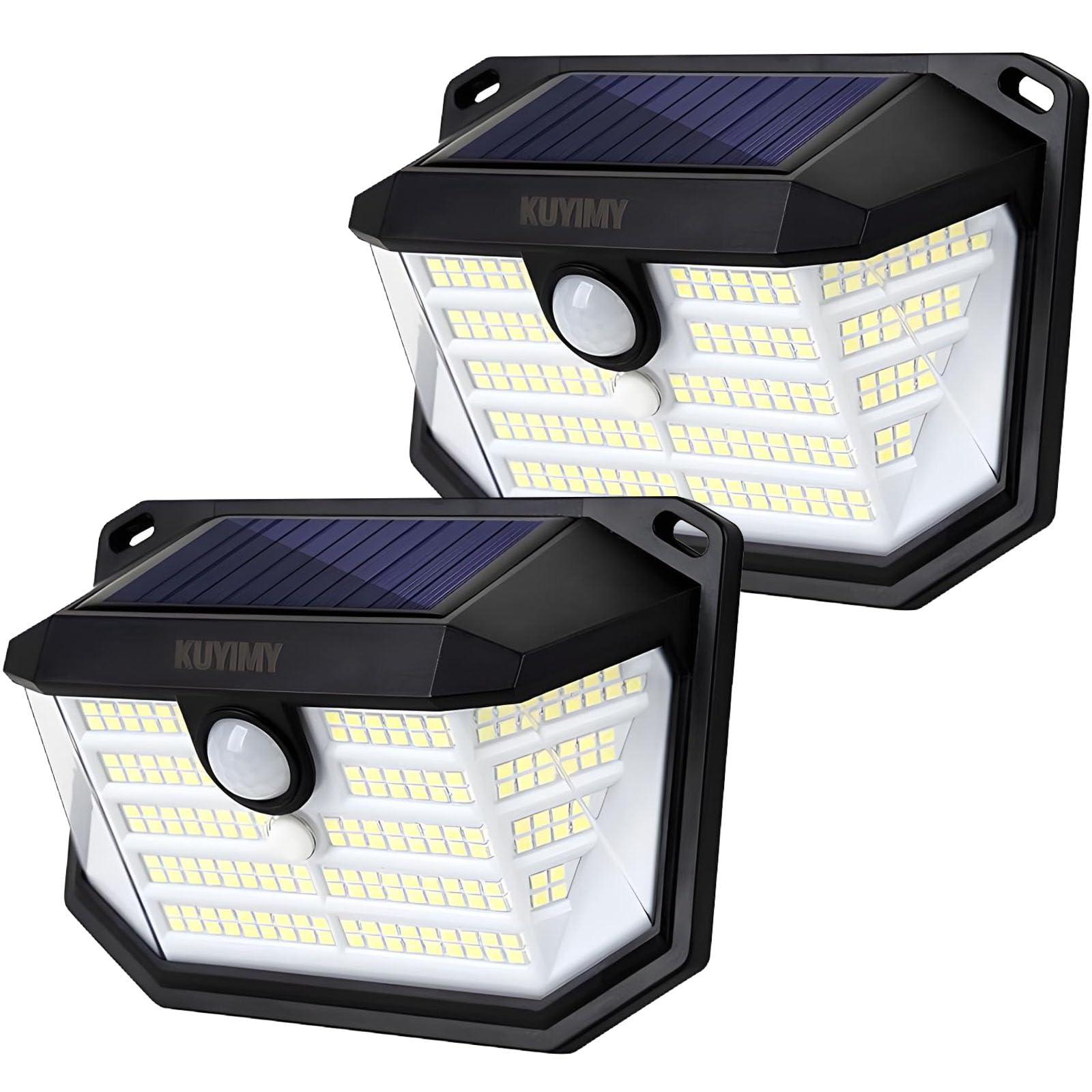 kuyimy Solar Outdoor Lights, 230 LED with Motion Sensor and 3 Modes, IP65 Waterproof, 270° Wide Angle Light, Easy-to-Install Intelligent Security Wireless Wall Lights for Patio, Garden, Fence(2 Pack)