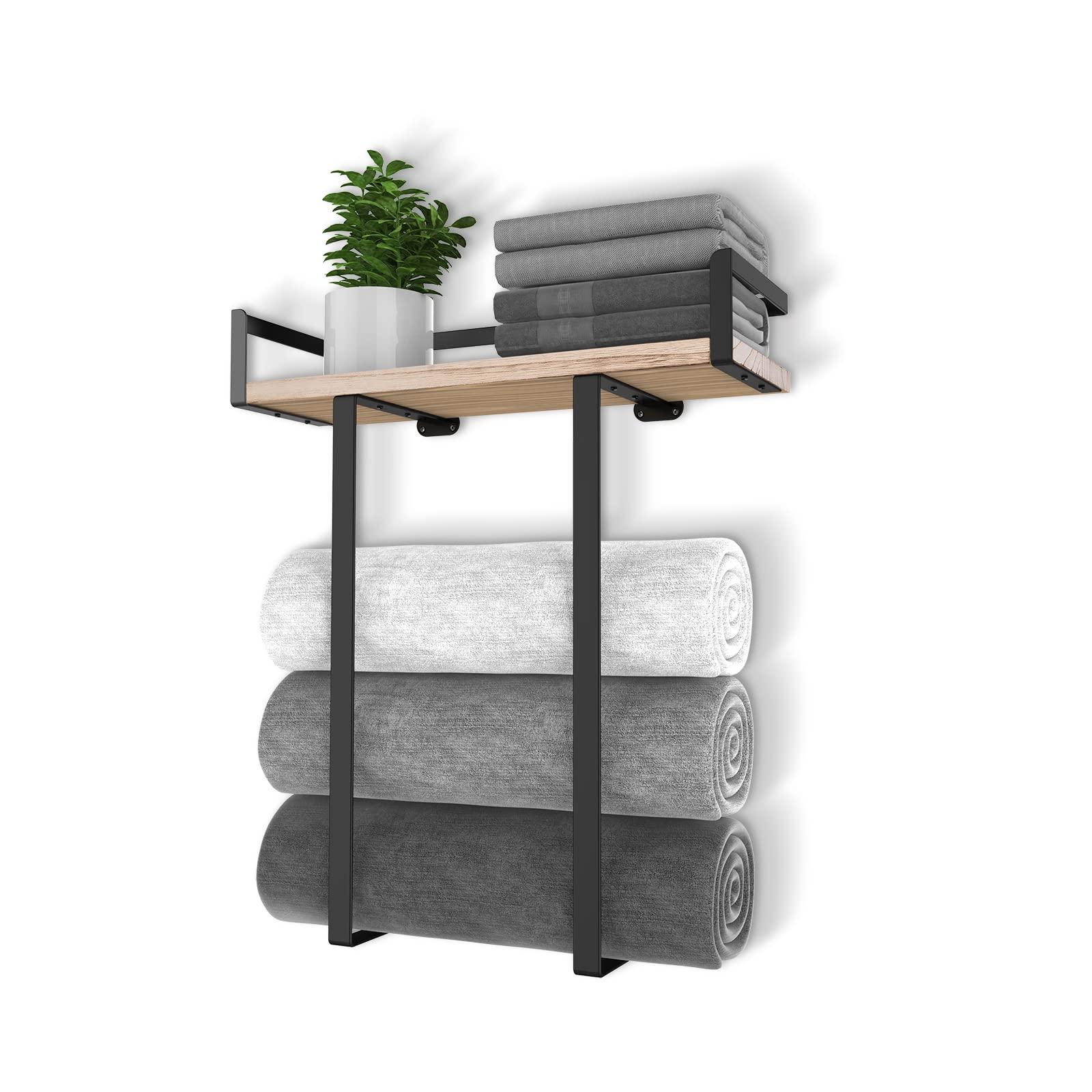 Xstydes Towel Racks for Bathroom Wall Mounted, Metal Towel Holder with Wooden Shelf for Folding Large Towels, Towel Storage for Small Bathroom Organizer Decor or RV Camping