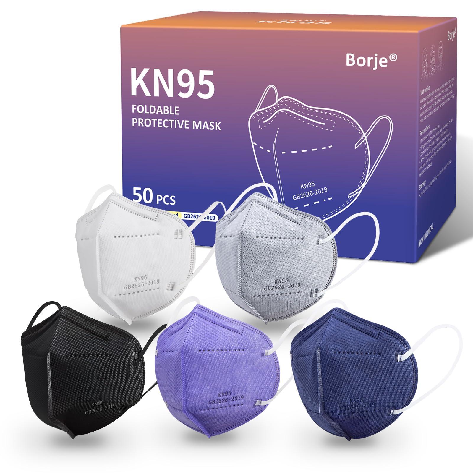 Borje KN95 Face Masks for Adults, 50 Pcs, 5-Ply Protection, Multicolor | Breathable Material, Filtration Efficiency ≥ 95%, 3D Shape, Great Fit
