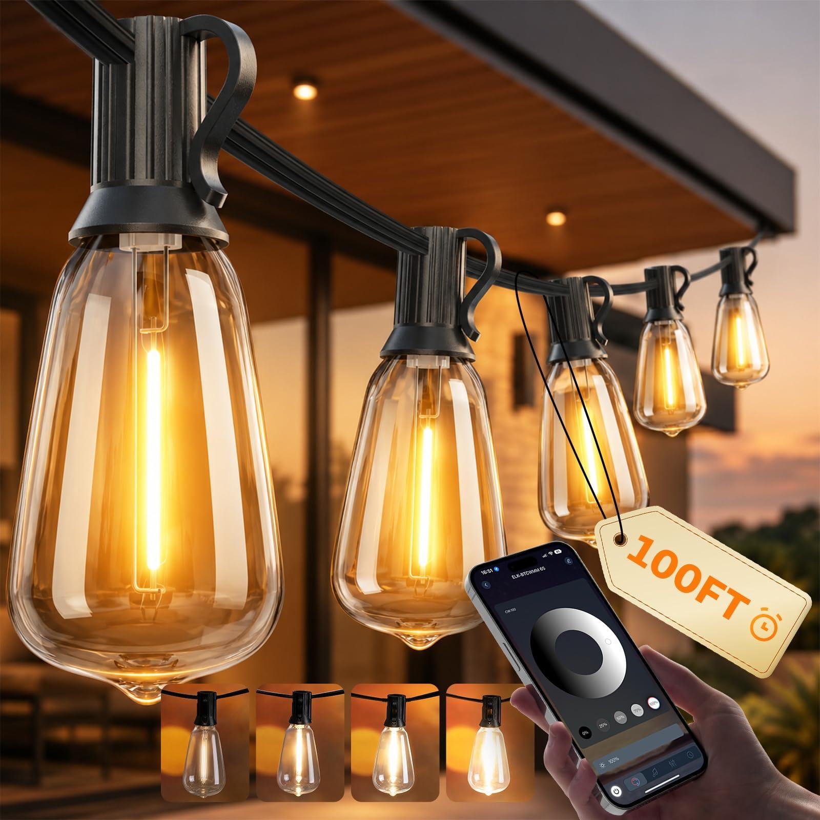 Ecoeve Outdoor String Lights, 100FT Patio Lights for Outside, Outdoor Ceiling Porch Light, Smart App & Remote w/Timer, Dimmable 4 Scene Modes, Waterproof LED Bulbs for Garden, Yard, Backyard Decor