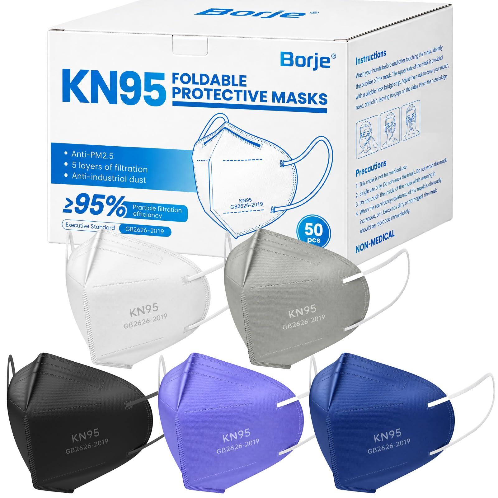Borje 50 Pcs KN95 Face Masks, Disposable KN95 Masks for Adults, Multicolor | 5-Layer Filtration, ≥95% Filtration Efficiency, Adjustable Nose Clip, Soft Elastic Ear Loops, Lightweight & Breathable