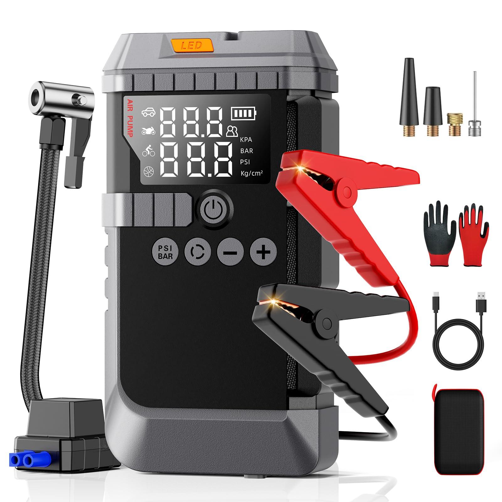 Jump Starter with Air Compressor, Battery Jumper Starter Portable,12V Jump Box with 160PSI Tire Inflator for Car Battery, LED Display for All Gas & 12L Diesel Engines, LED Light, Jumper Cables