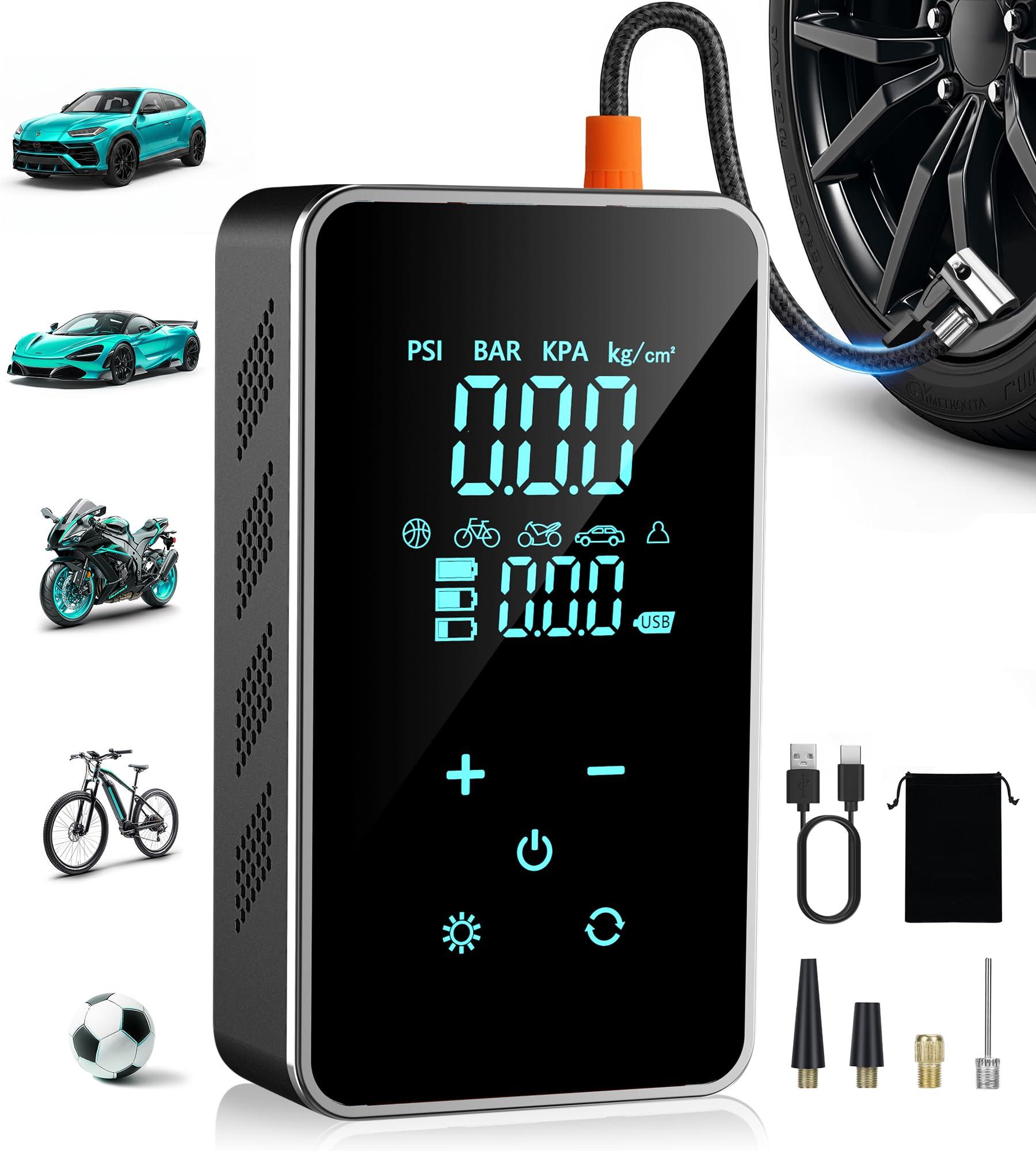 Tire Inflator Portable Air Compressor, 150 PSI Cordless Air Pump for Car Tires, Bike Pump with Tire Pressure Gauge, LED Light, Digital Touch Screen for Car, Motorcycle, Bicycle, Balls