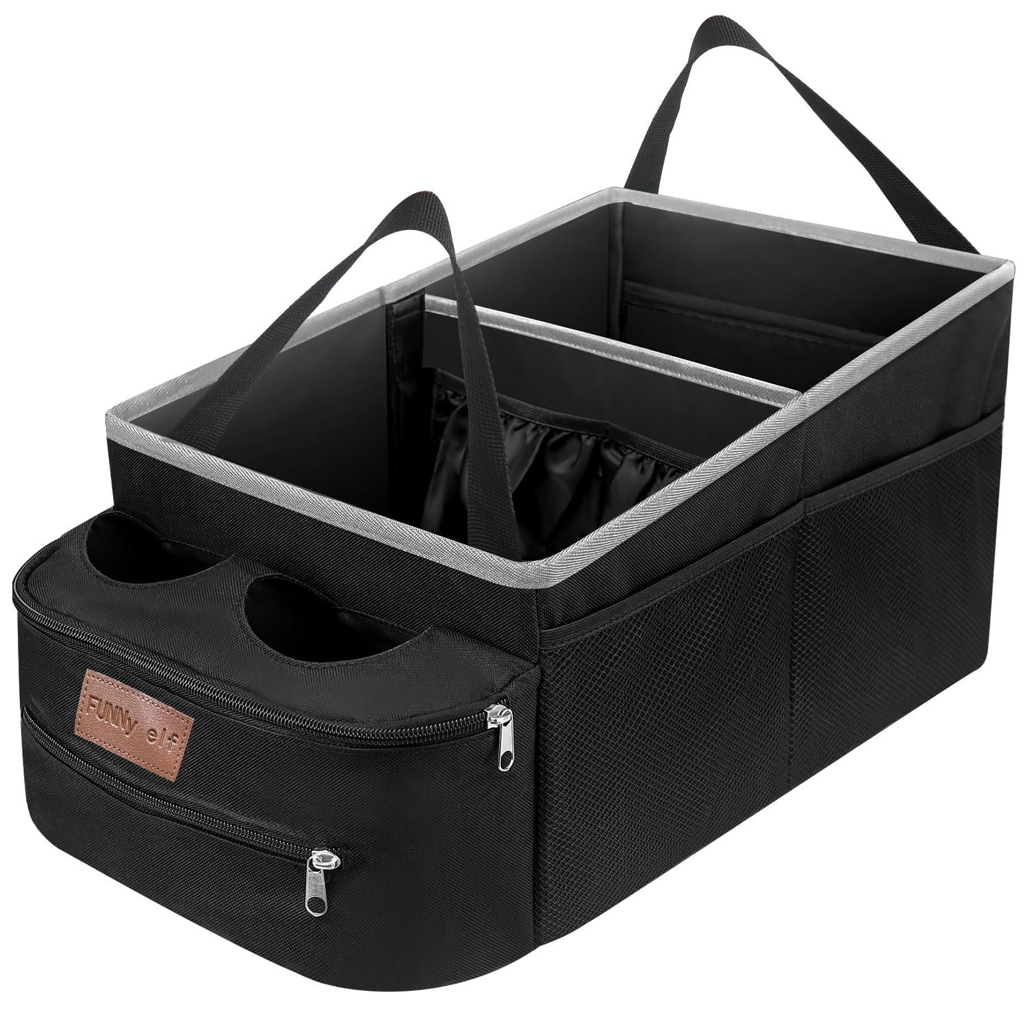 FUNNy elf Car Seat Organizer - Passenger Seat Organizer, Collapsible Car Storage with Partitions & 4 Cup Holders for Front Seat or Back Seat (white)