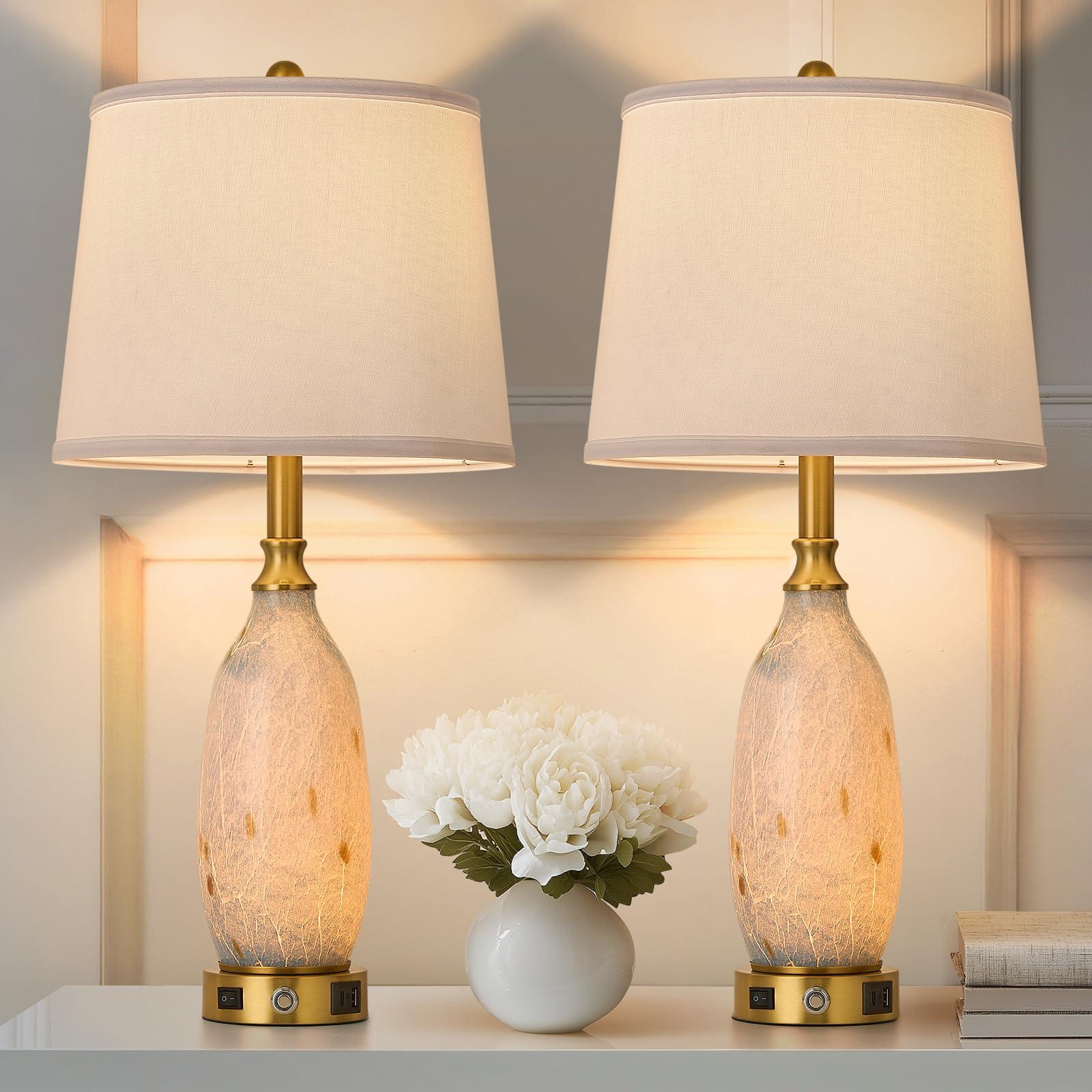 AIDENOEY 26" Modern Art Glass Table & Bedside Lamp, Stepless Dimmable Base + Dimmable 3-Color Light, USB A/C Charging Ports, Touch Control & Switch for Bedroom, Living Room, Office, Study