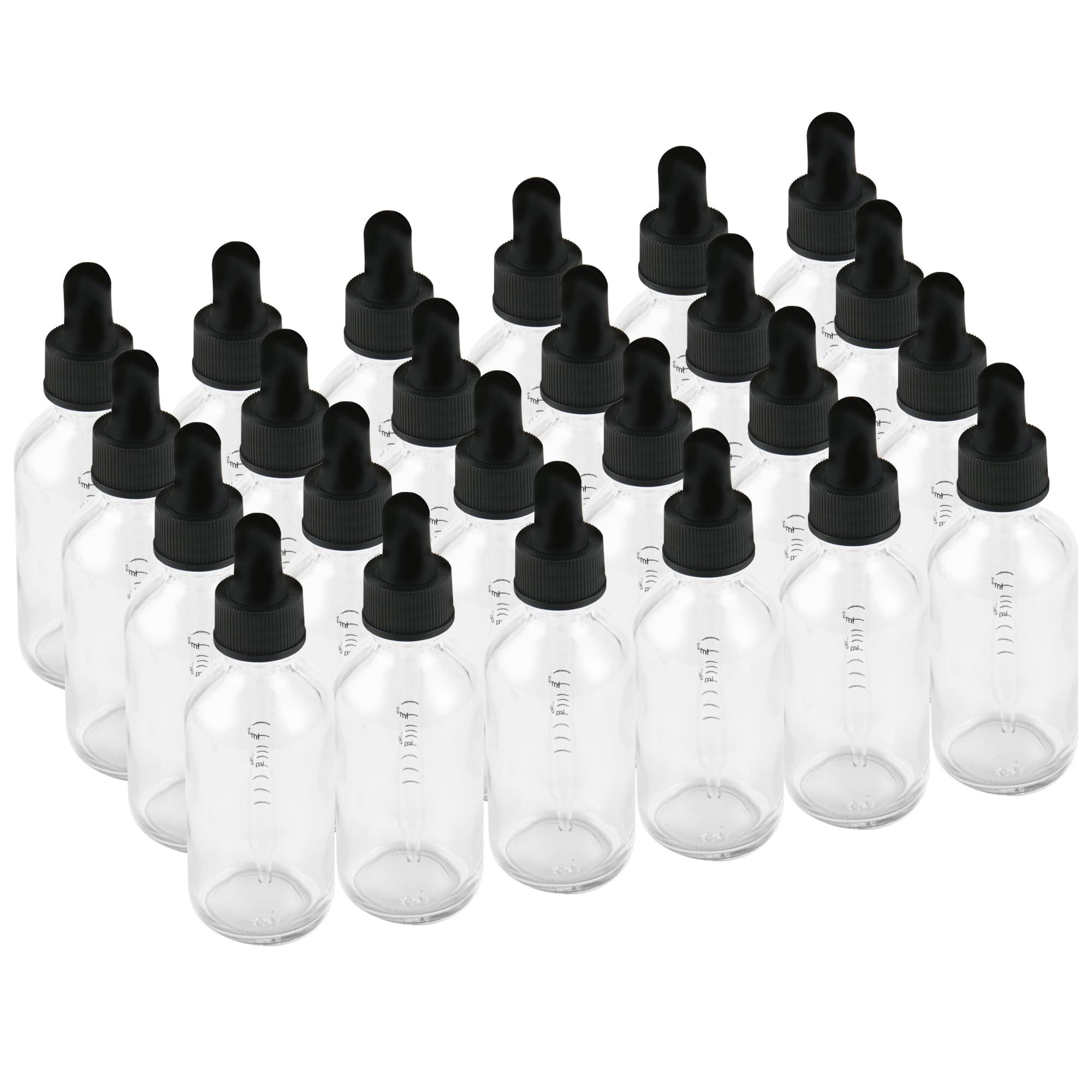 BILLIONSTARS 24 Pack 2oz Glass Boston Round Bottle with Graduated Calibrated Glass Pipettes - Clear - Tincture Bottles for Essential Oils, Liquids - Leakproof Travel Bottles