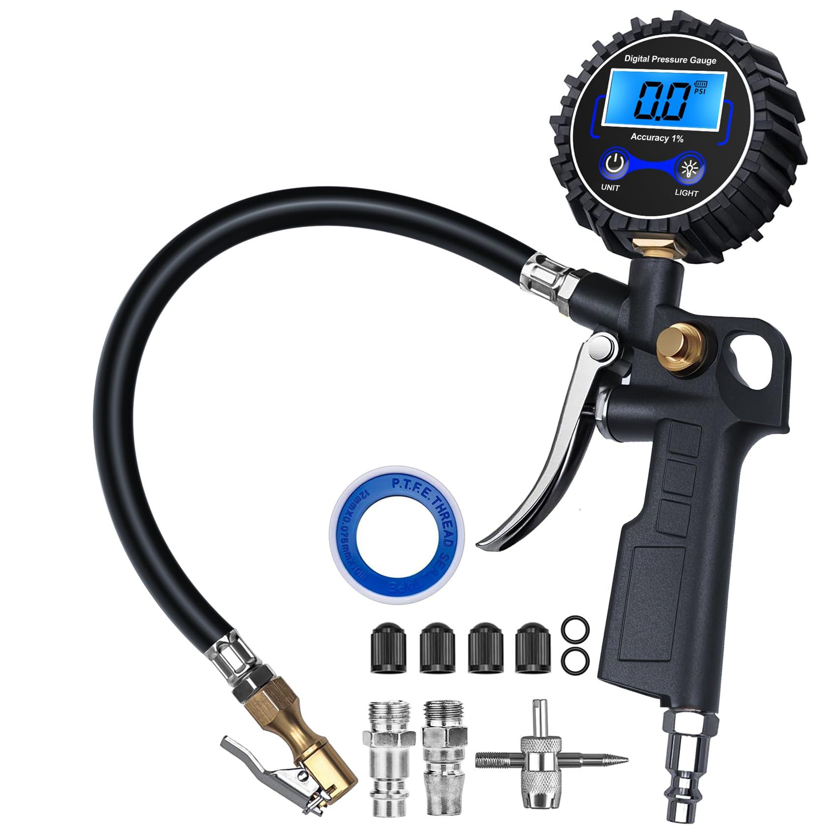 DigitPro Digital Tire Pressure Gauge with Inflator, 3-250 PSI Air Compressor Accessories with Air Chuck Quick Connect Coupler, Car Attachments with Rubber Hose for Car, Truck, SUV, Cycle, RV