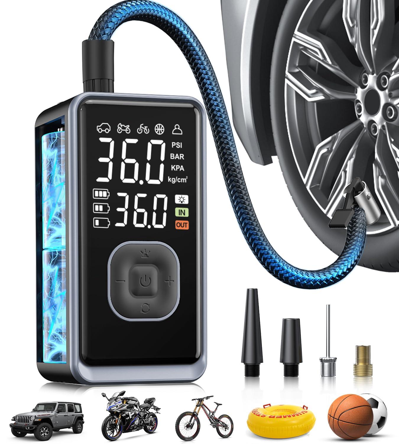 Tire Inflator Portable Air Compressor, 150PSI Cordless Mini Air Pump with Digital Pressure, Bike Pump, 3X Fast Inflation Tire Inflator for Car, Motorcycle, Bike, Ball-LED Light and Auto Shut-Off