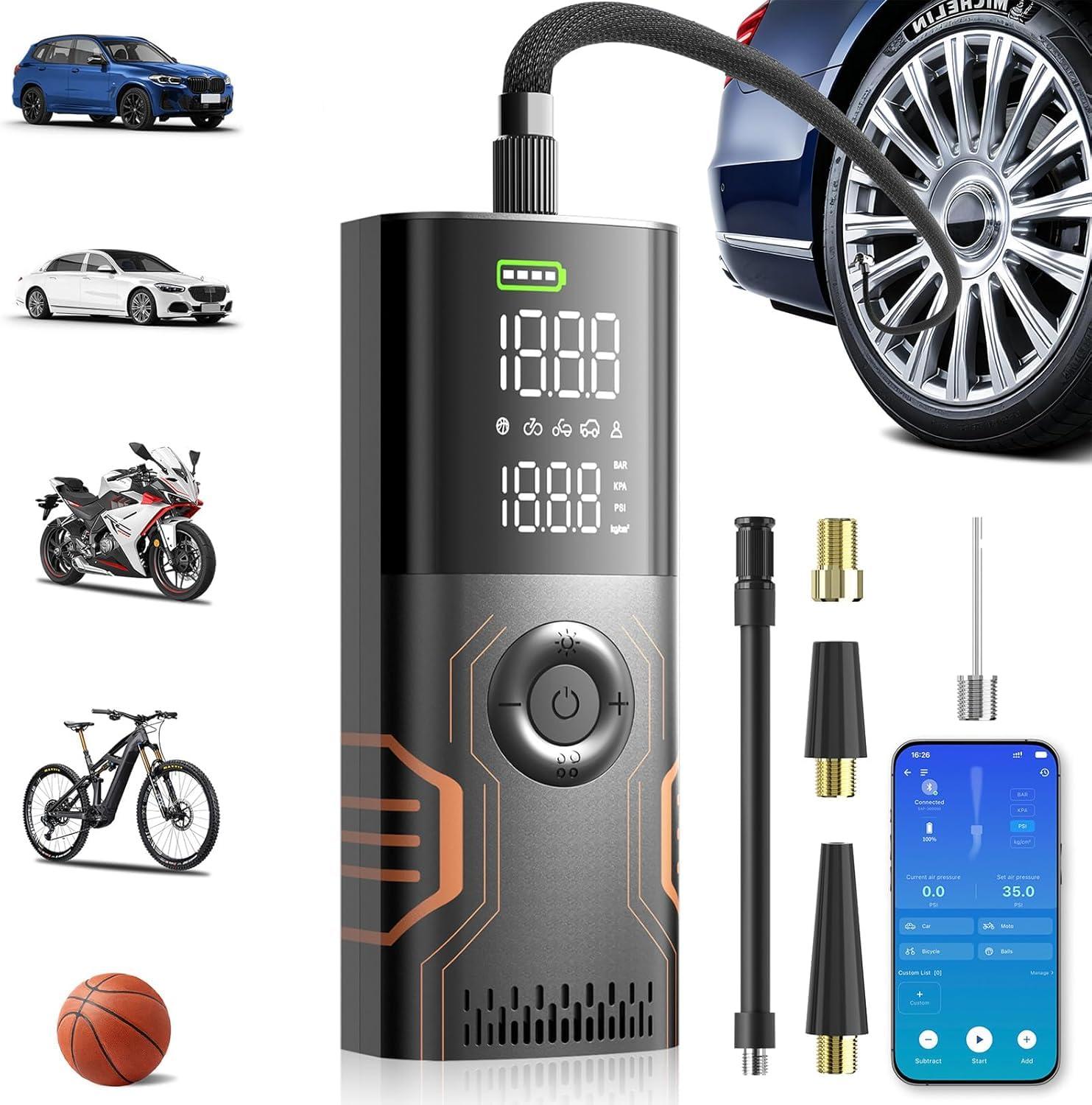Tire Inflator Portable Air Compressor - Smart APP Air Pump for Car Tires, All-in-One Storage Portable Tire Pump for Car, 3X Speed & Automatic Stop Inflation, for Car, Motorcycle, Bicycle, Ball