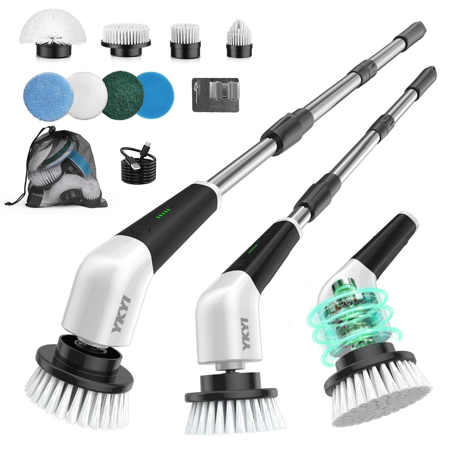 YKYI Electric Spin Scrubber, Cordless Power Scrubber Cleaning Tool with 8 Replaceable Heads and Extension Handle for Bathroom, Tub, Tile, Floor, Grout and Car (White)