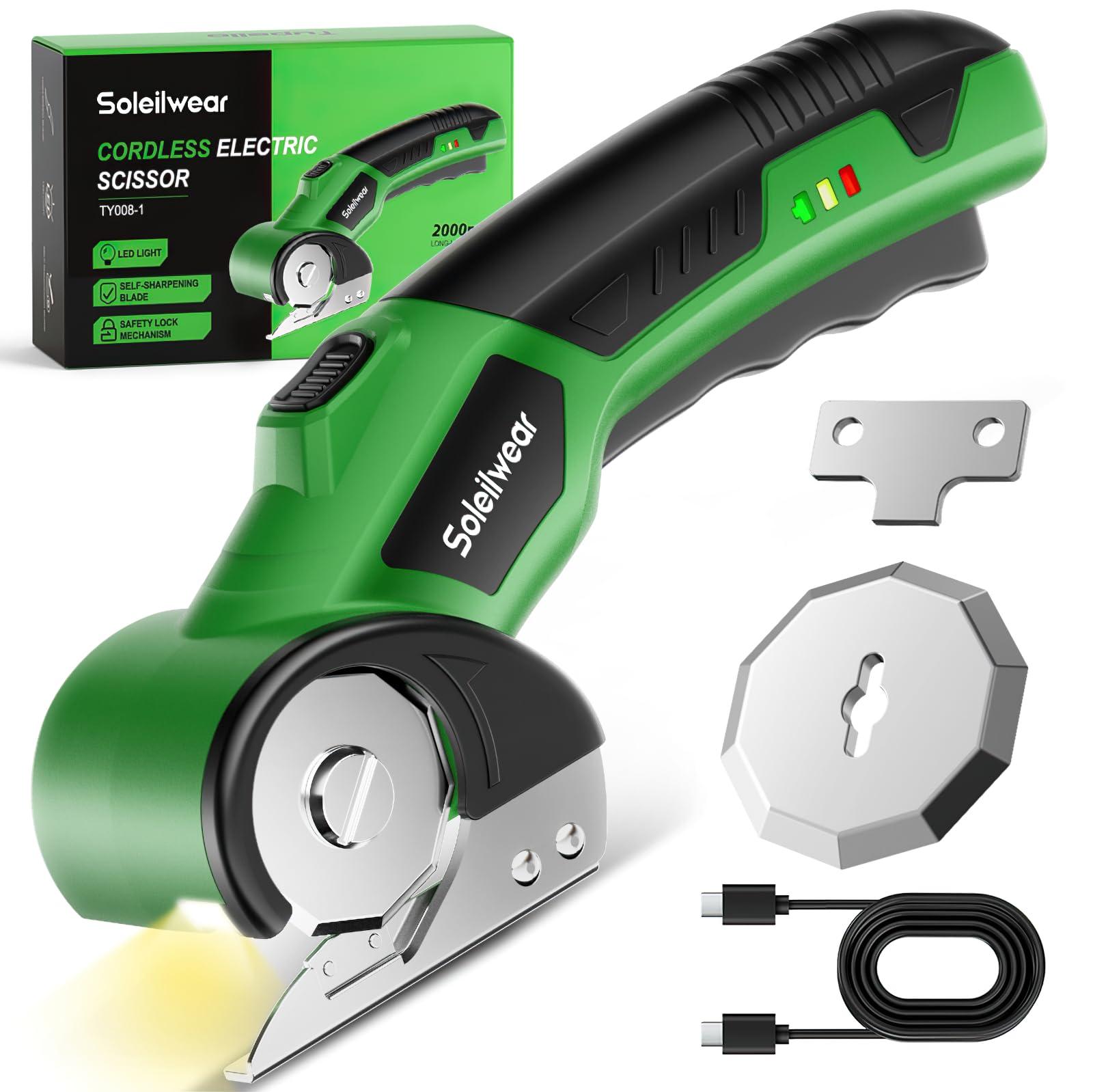 Cardboard Cutter, Rechargeable Cordless Electric Scissors, 4V Upgrade Motor Electric Box Cutter with 2 Blades, Safety Lock & LED Light, Powerful Cutting for Cardboard Box, Plastic, Leather