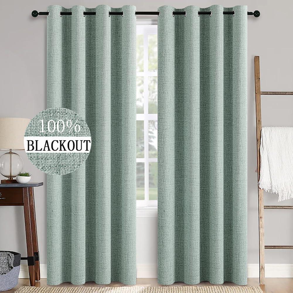 MIULEE 100% Blackout Linen Curtains for Bedroom 52x84 Inches Seafoam Green | Room Darkening, Light Blocking, Thermal Insulated, Grommet Top, Linen Textured, Window Curtains for Living Room, 2 Panels