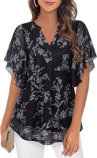 Women's Short Sleeve V Neck Blouses Shirts Floral Double Layers Mesh Tunics Tops