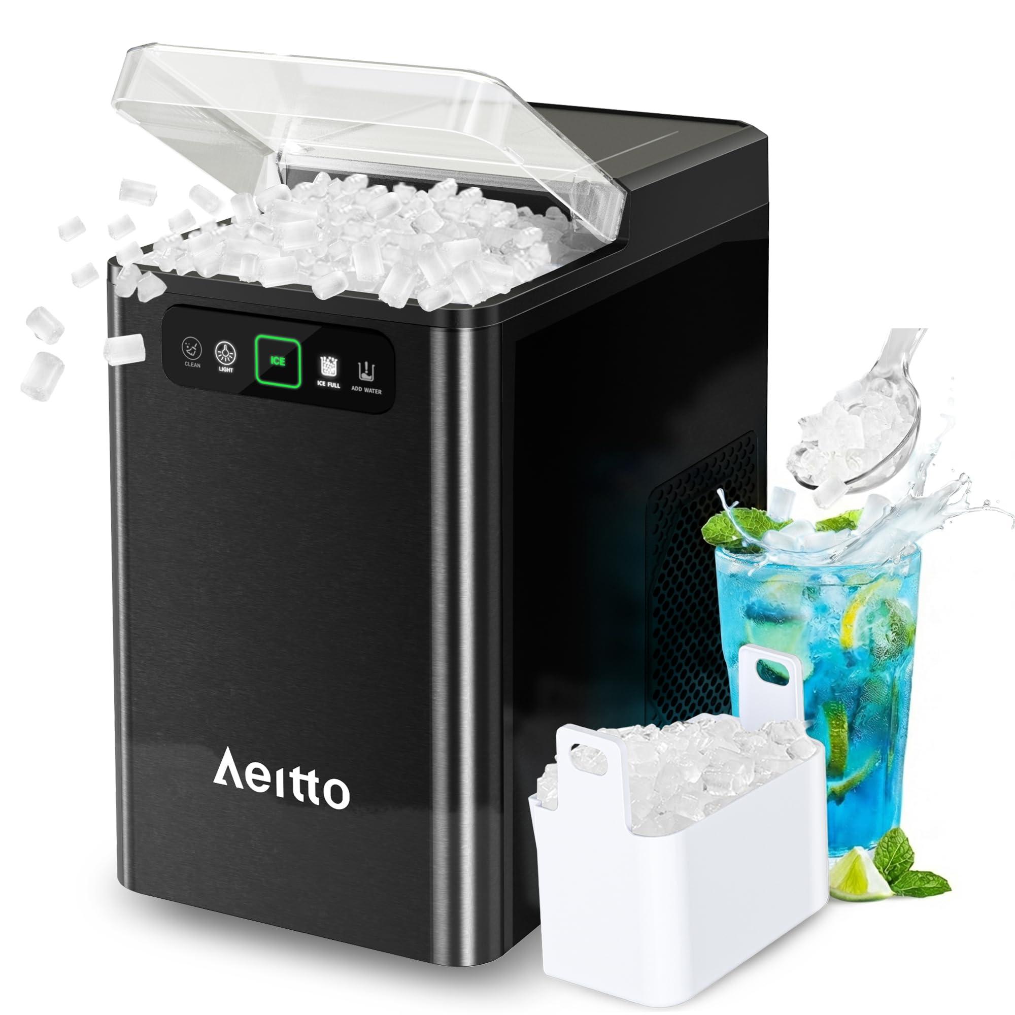 Aeitto Nugget Ice Maker Countertop, Pellet Ice Machine Soft Chewable Ice 40lbs/Day, One-Click Operation, Auto Self-Cleaning Crushed Ice Makers Stainless with Scoop for Home/Kitchen/Office (Black)
