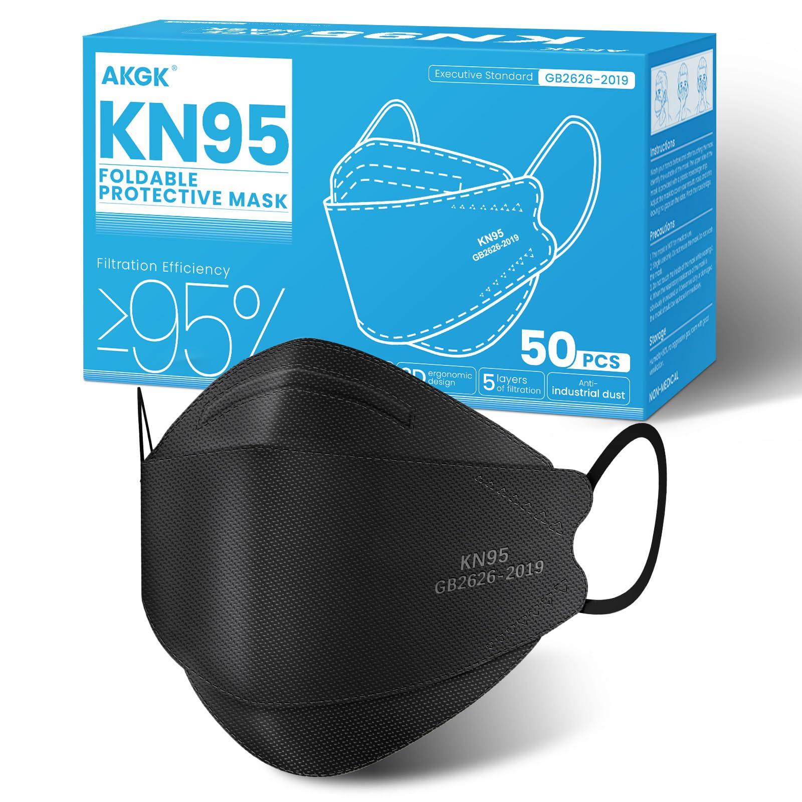 akgk KN95 Face Masks 50 Pack for Adults, 5-Ply Black Disposable Face Mask Against PM 2.5 Smoke and Dust