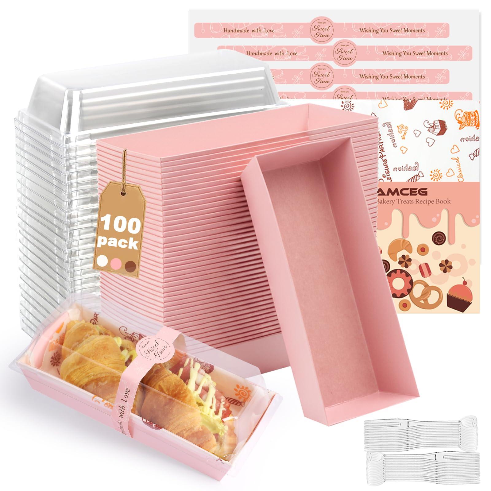 OAMCEG 7.5x3.3 Inch Small Charcuterie Boxes with Clear Lids,100Pcs Mini Bakery Containers,Disposable To Go Food Paper Boxes for Sandwich, Cookie, Pastry, Cake Slice (Pink)