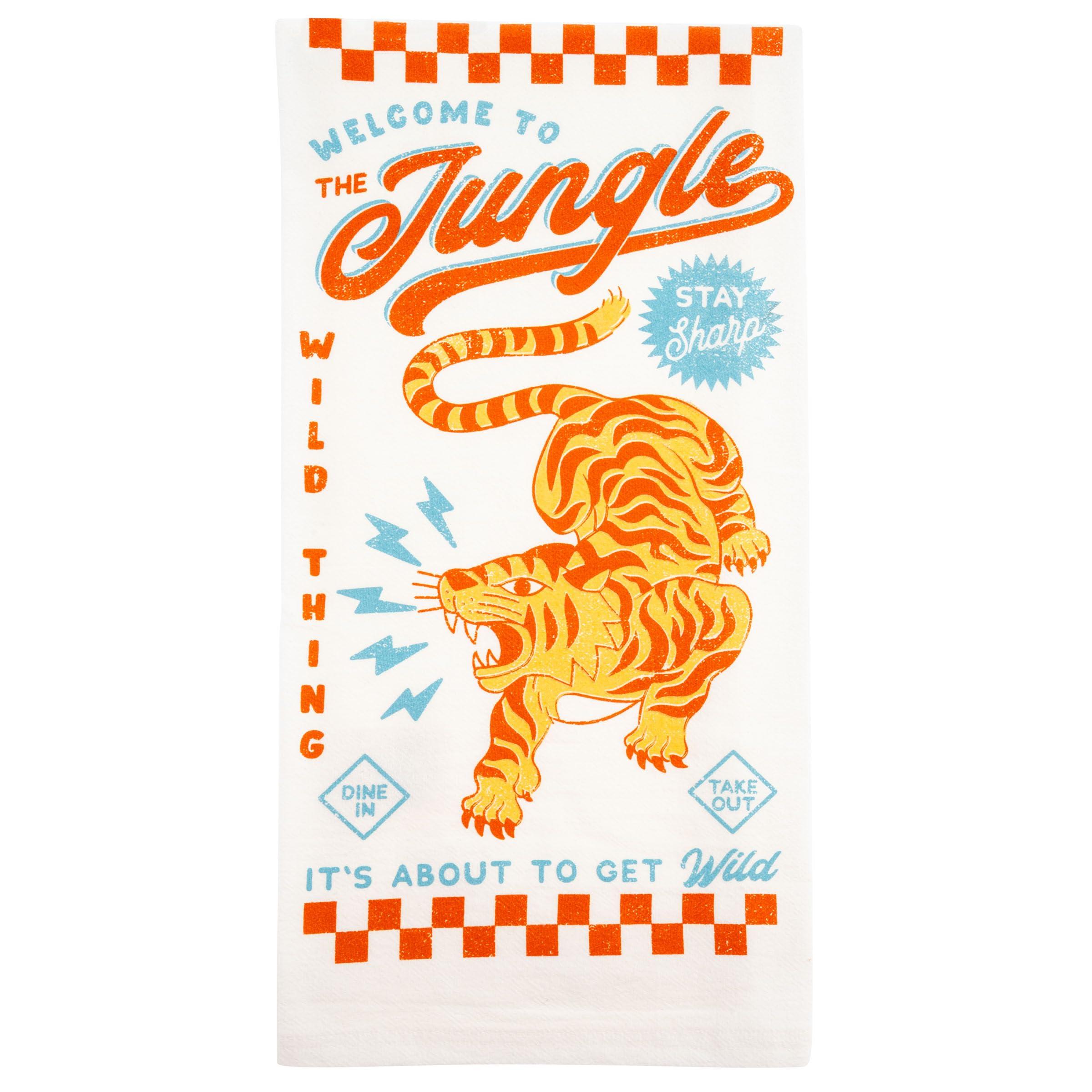 Karma Retro Diner Tea Towel 100% Cotton Kitchen Dish Cloth - Machine Washable Absorbent with Hanging Loop, Kitchen Home Décor Gift, Tiger