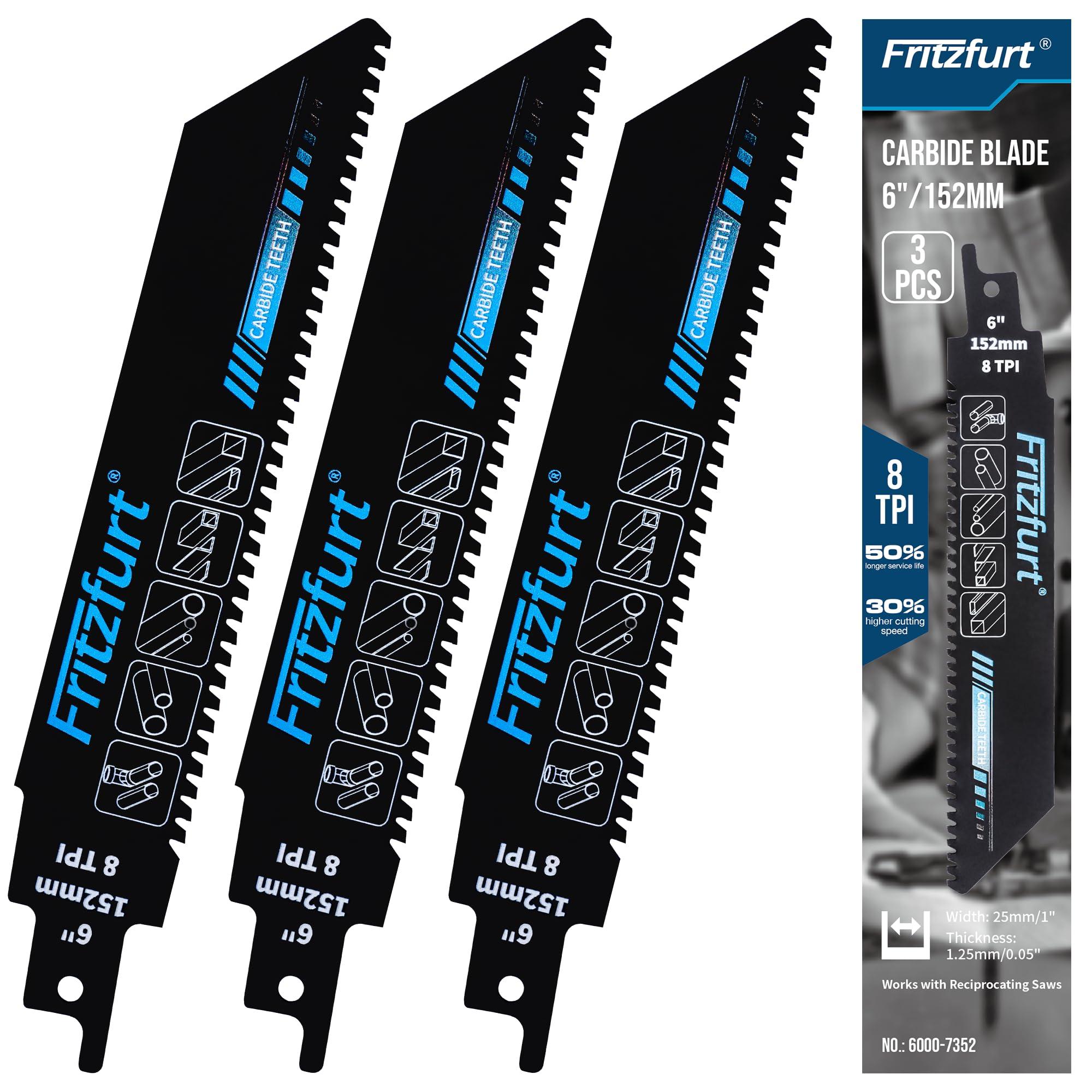 Fritzfurt 6-Inch Carbide Teeth Reciprocating Saw Blades, 8 TPI Metal Cutting Blade, 3 Pack – for Stainless Steel, Cast Iron, and High-Strength Alloys