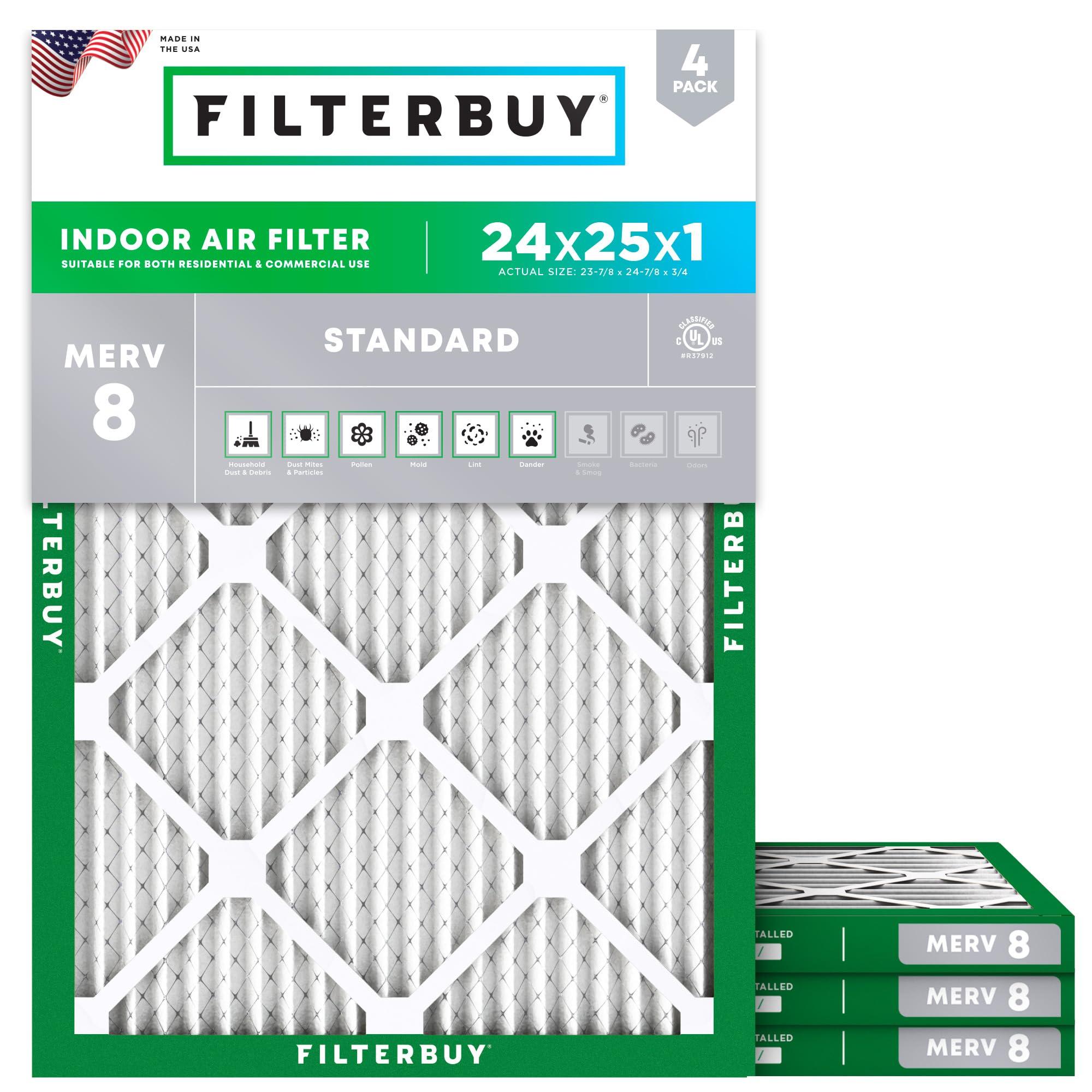 Filterbuy 24x25x1 Air Filter MERV 8 Dust & Allergy Defense (4-Pack) | Electrostatic Pleated HVAC AC Furnace Filters Replacement, Made in USA (Actual Size: 23.88 x 24.88 x 0.75)
