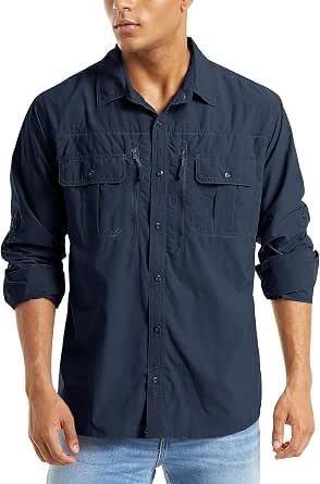 MAGCOMSEN Men's Long Sleeve Vented Button Down Shirt, Quick-Dry Ripstop Nylon