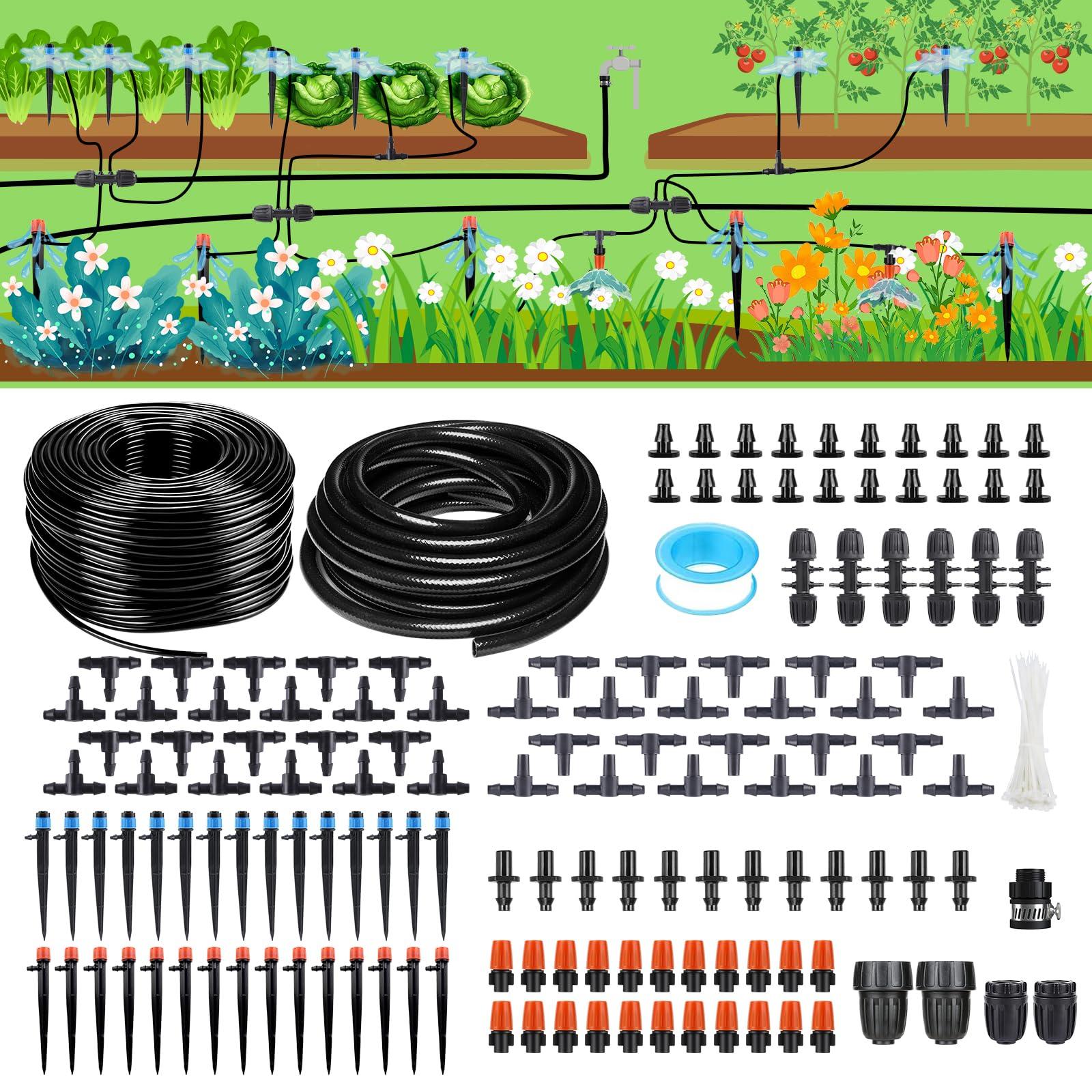 HEKIWAY 256FT Automatic Drip Irrigation System Kit,Automatic Garden Watering Misting System for Greenhouse, Yard, Plant ，Lawn with 1/2 inch Hose 1/4 inch Distribution Tubing and Accessories