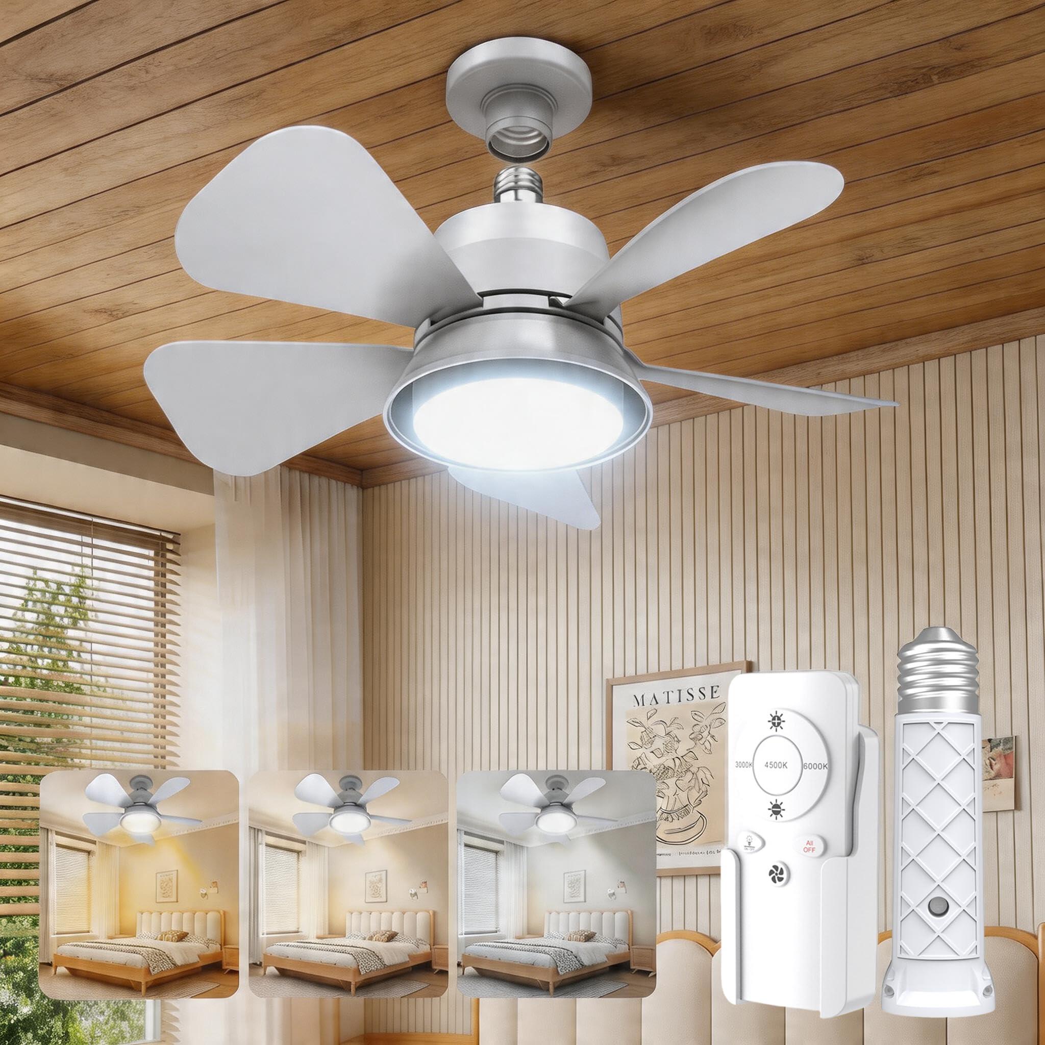 MOTCTQVD Socket Fan Light with Remote, 3 Colors Small Ceiling Fan with Light, 5 Dimmable Levels and 1000LM LED, Easy E26/E27 Installation for Bedroom, Garage, Kitchen, Living Room