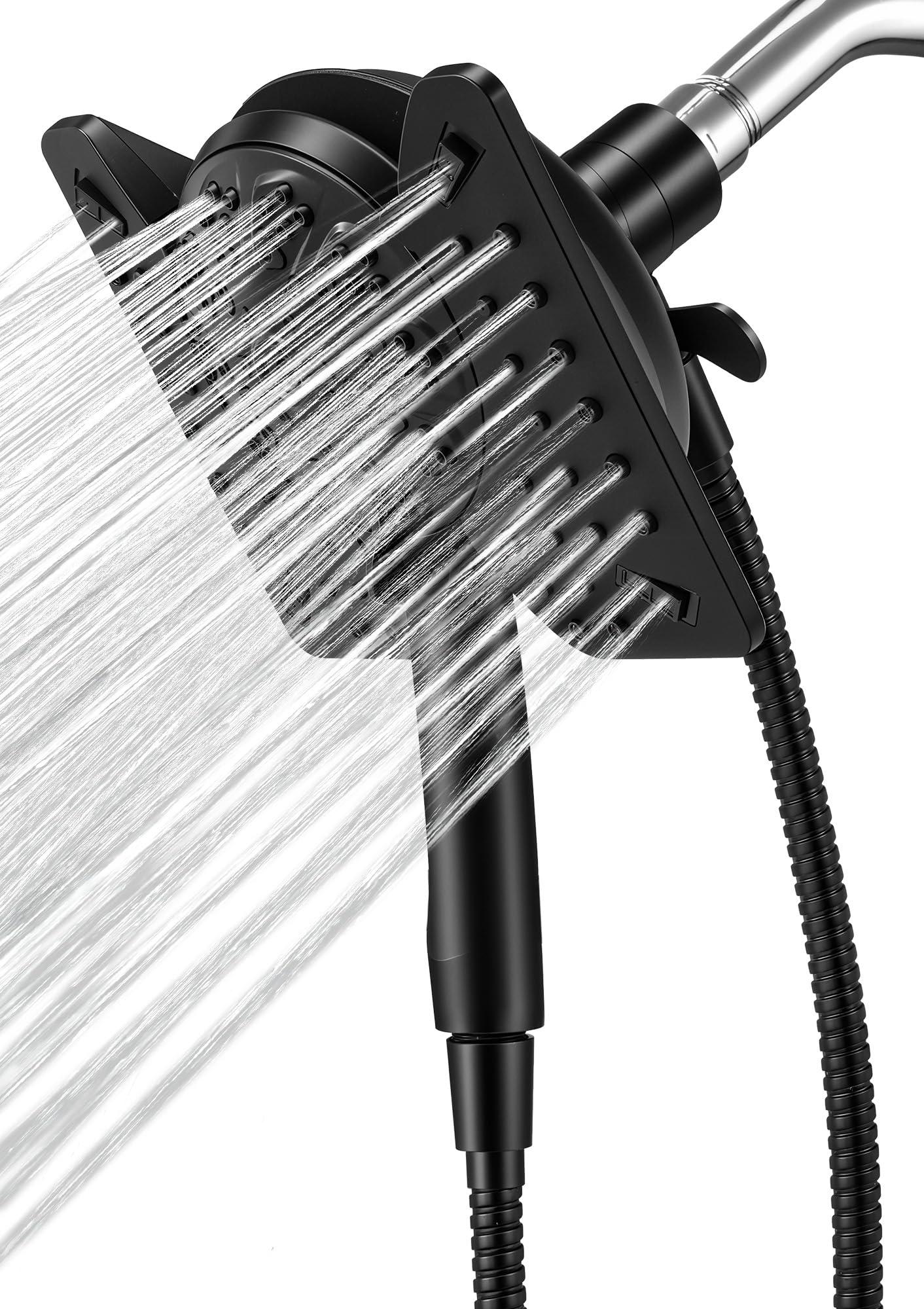 Shower Head with Handheld High Pressure, Rain Shower Head with Fixed Showerhead and 9 Sprays Handheld Shower, Detachable 2-IN-1 Shower head with 59" Rotatable Stainless Steel Hose (Black)