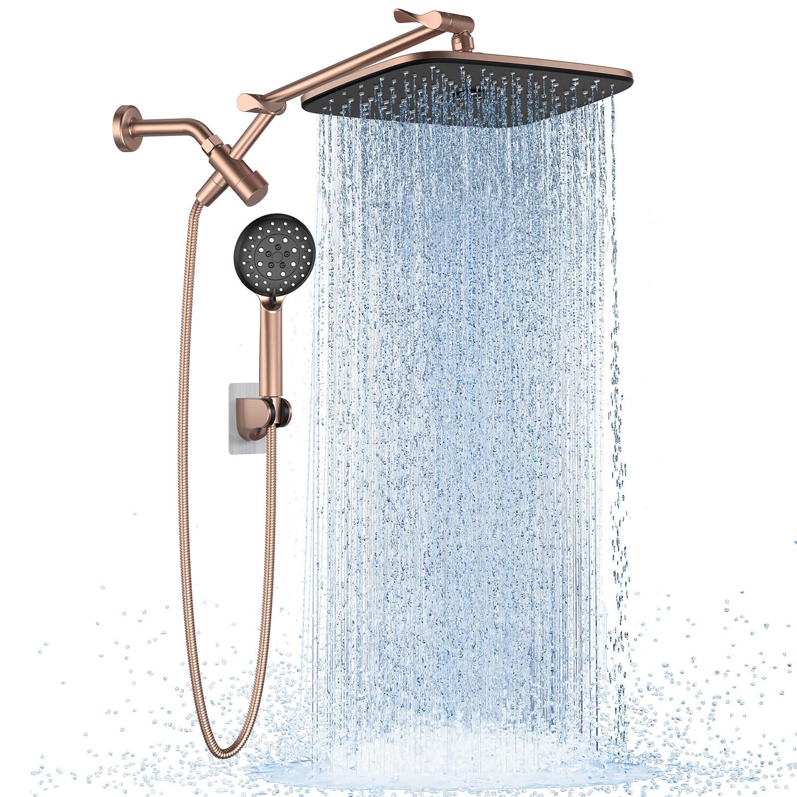 Veken 11.8" Rain Shower Head with Handheld, High Pressure Handheld Shower with Multi Spray Modes, Rainfall Combo with Metal Extension Arm, Detachable Dual Showerhead, Bathroom Decor, Rose Gold