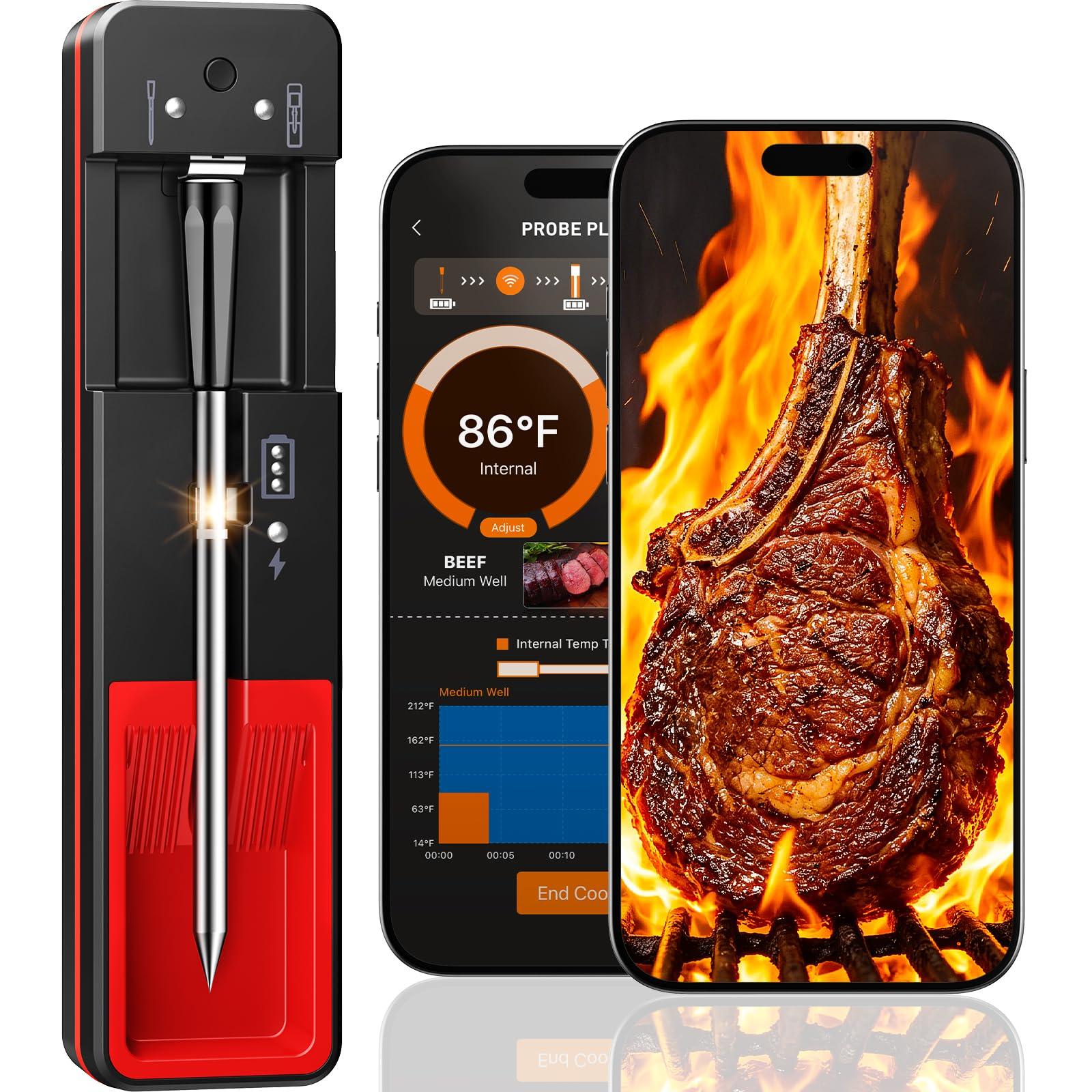Smart Bluetooth Wireless Meat Thermometer Digital, 6 Accuracy Sensors, 0.5S Instant Read Food Thermometer, 2-in-1 100H Battery Fast Charge Base, APP Control & Custom Menu for BBQ, Grill, Smoker, Oven.
