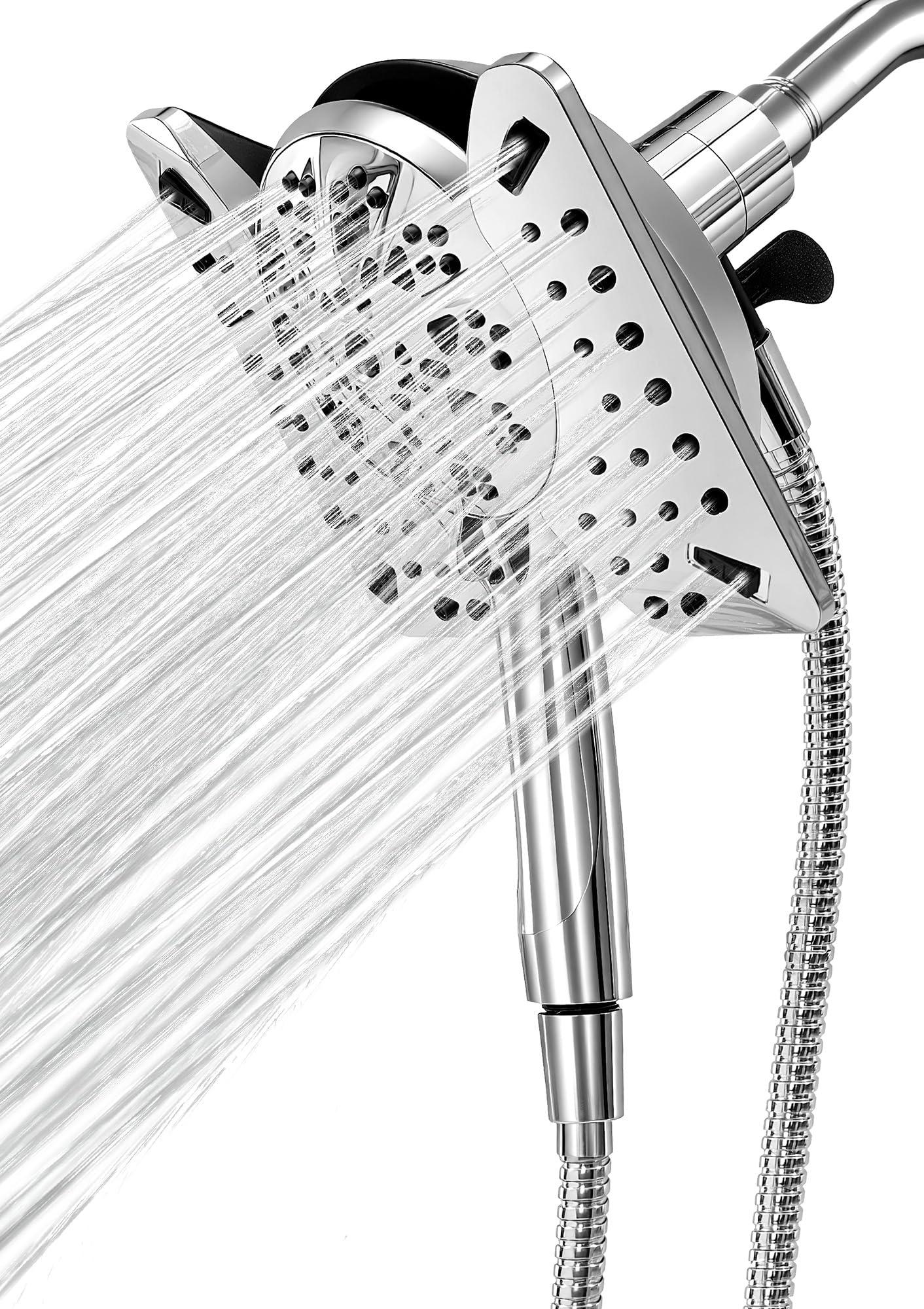 Shower Head with Handheld High Pressure, Rain Shower Head with Fixed Showerhead and 9 Sprays Handheld Shower, Detachable 2-IN-1 Shower head with 59" Rotatable Stainless Steel Hose (Chrome)