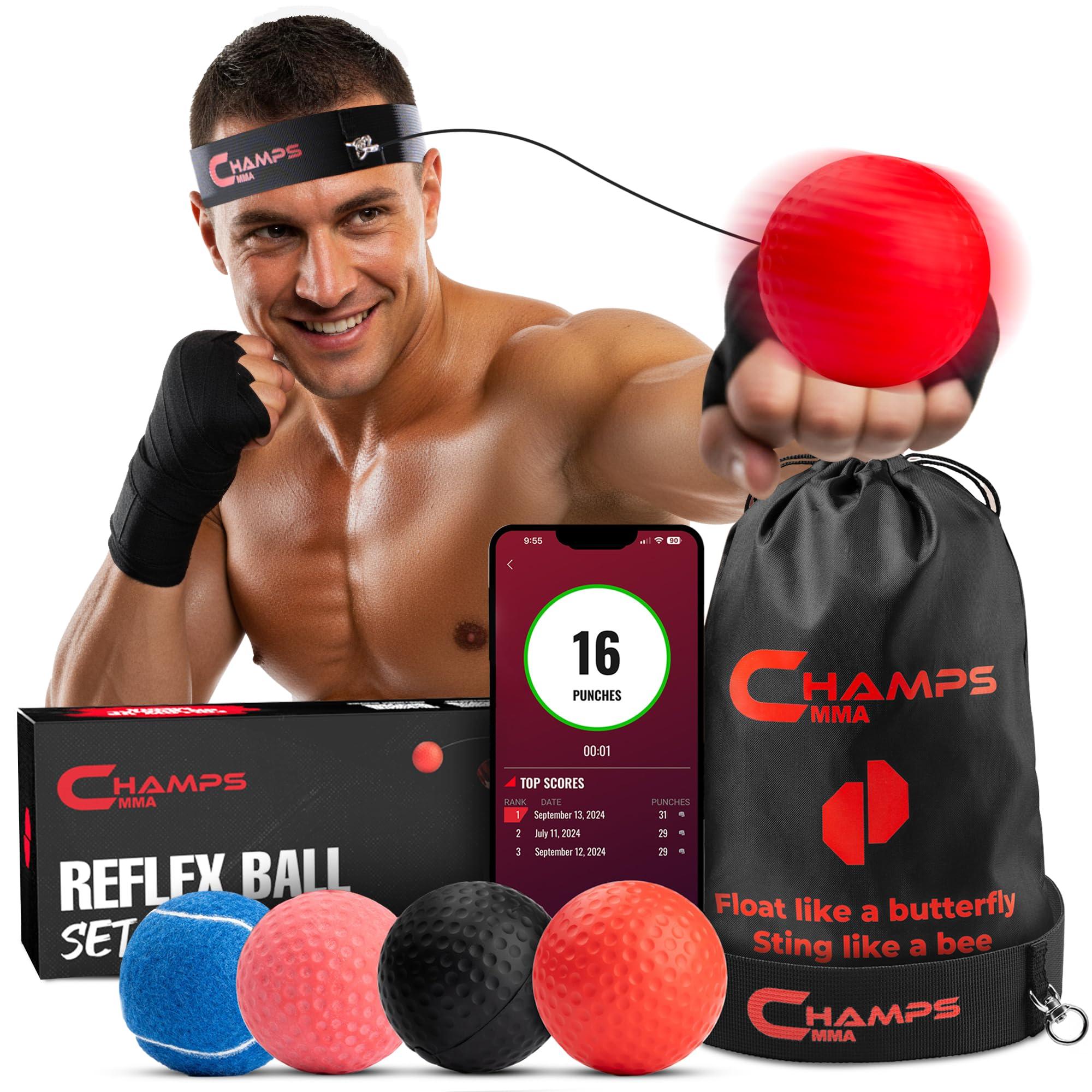 Champs MMA Boxing Reflex Ball Set with Punch Counter App | 4 Balls with Varying Weights, Headband & 4 Spare Strings to Improve Speed, Hand Eye Coordination Training | Boxing Equipment, MMA Gear Gift