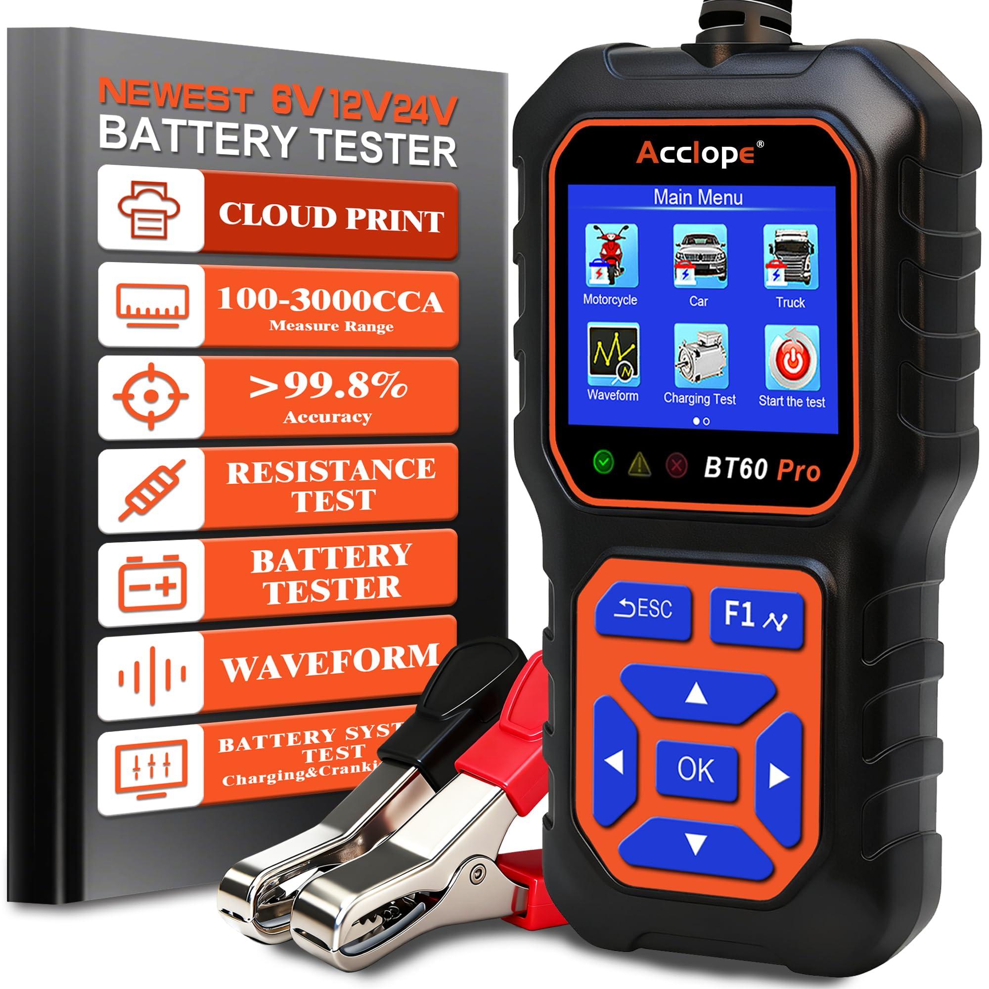 Acclope BT60 PRO Car Battery Tester 6V/12V/24V, 2–120Ah, 100–3000 CCA, Alternator & Starter/Charging System Analyzer, Automotive Load Test, QR Cloud Report (No App), for Car Truck Motorcycle Marine/RV