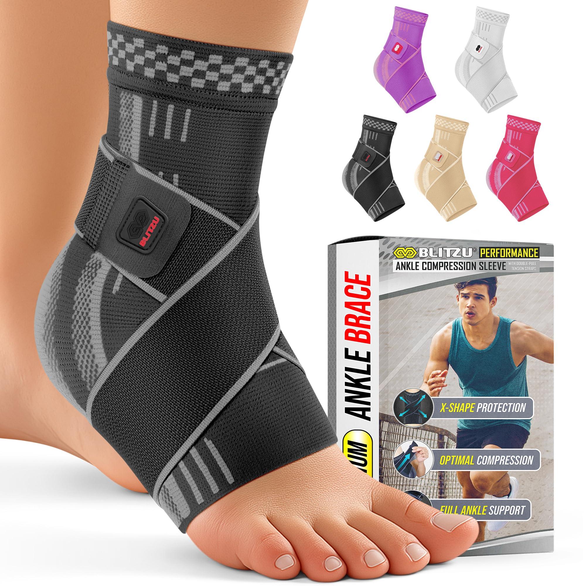BLITZU Ankle Brace for Women, Men, Plantar Fasciitis Relief, Achilles Tendonitis Brace for Sprained Foot, Ankle Compression Sleeve with Strap Black L