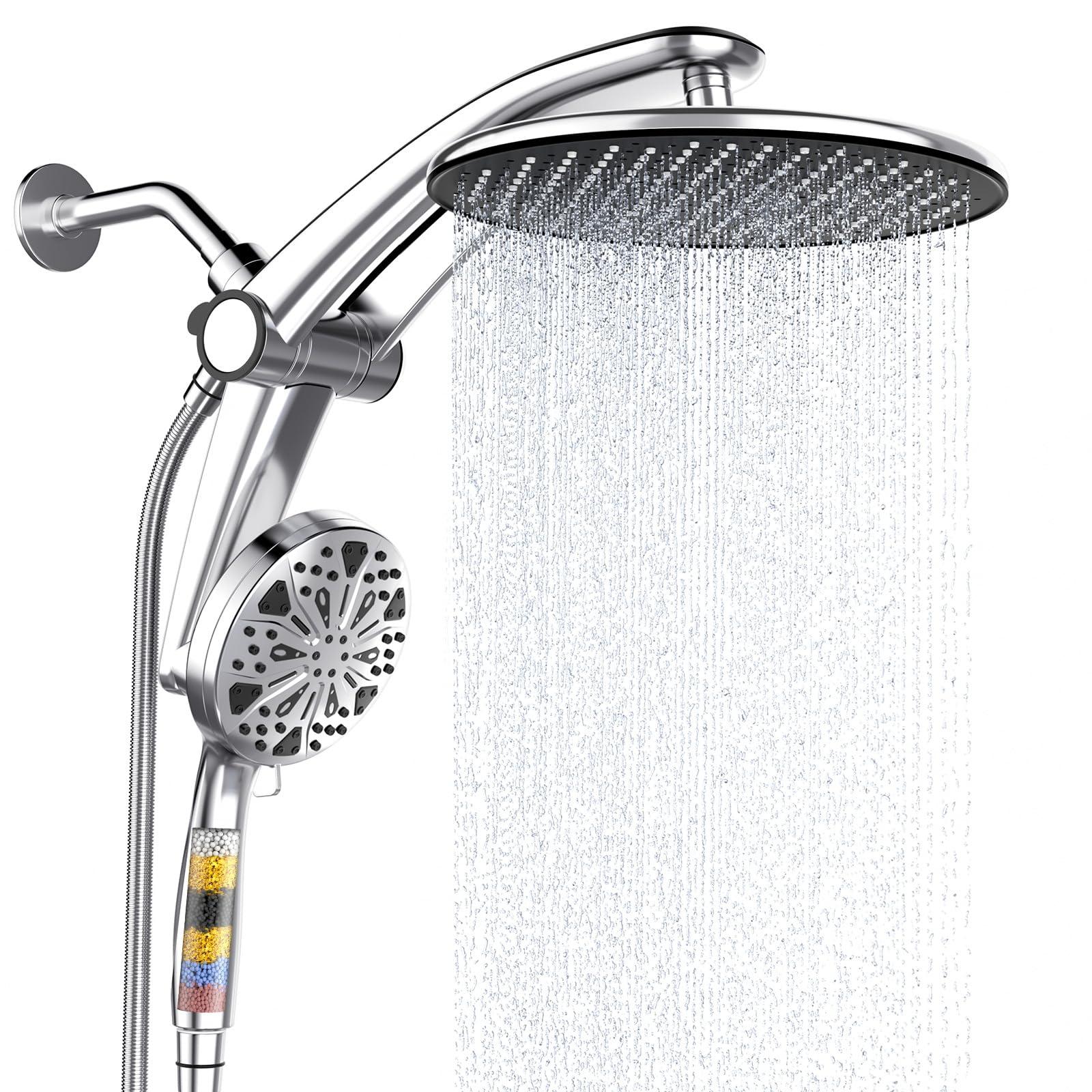 Shower Head with filtered Handheld High Pressure daul Shower Heads with Handheld Spray Combo and 10 Sprays Handheld Shower Head Detachable Shower head Built-in Magnetic Docking and Power Jets Chrome