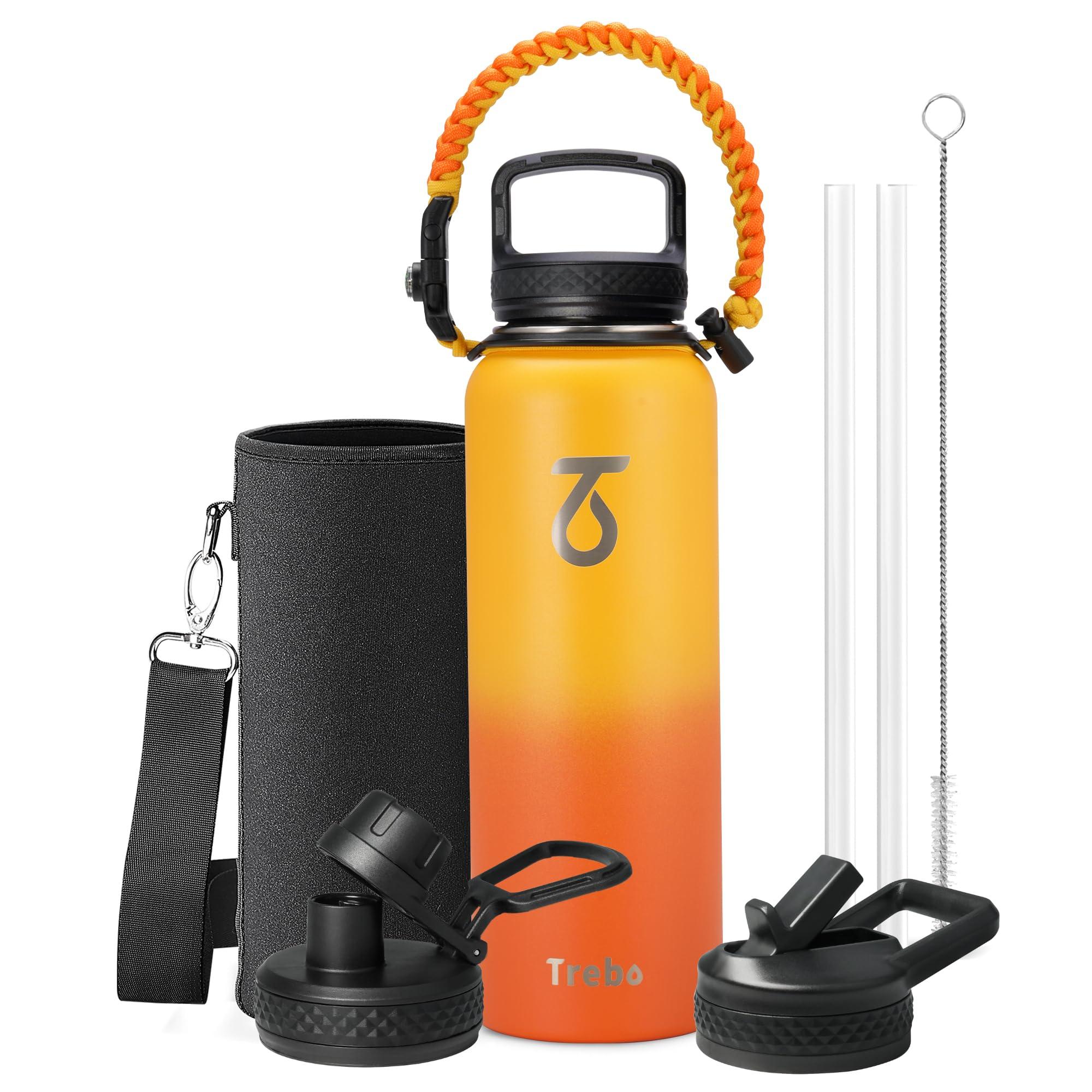 Trebo 40oz Water Bottle with 3 Lid and handle, Vacuum Insulated Stainless Steel Metal Outdoor Leakproof BPA-Free Flask, Keep Cold 48 Hours Water Jug, Best Gift for Men Women Holiday, Orange