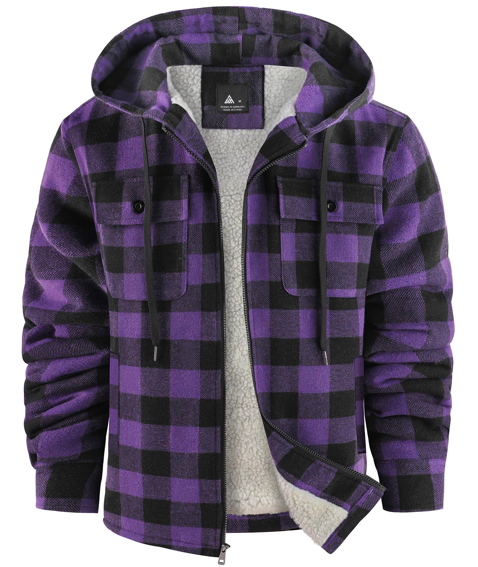 SCODI Men's Flannel Shirt Jacket Fleece Sherpa Lined Plaid Jackets Coat Full Zip Up Hoodie Winter Outwear
