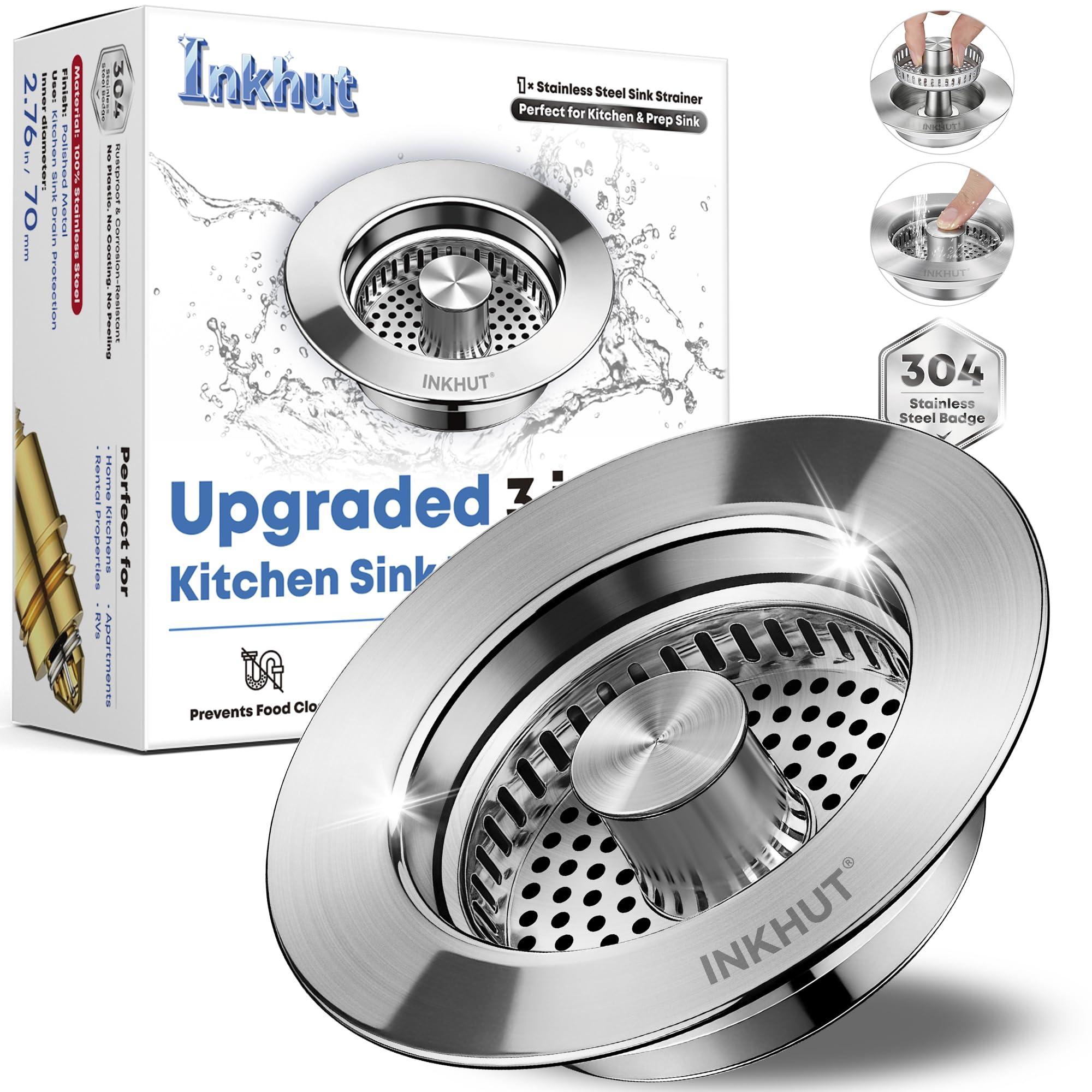 Upgraded 3 in 1 Kitchen Sink Drain Strainer - Stainless Steel Sink Stopper, Anti-Clogging Sink Food Catcher Basket, Fast Drainage Odor Filter Sink Plug for US Standard 3 1/2 inch Drain (Silver-1Pack)