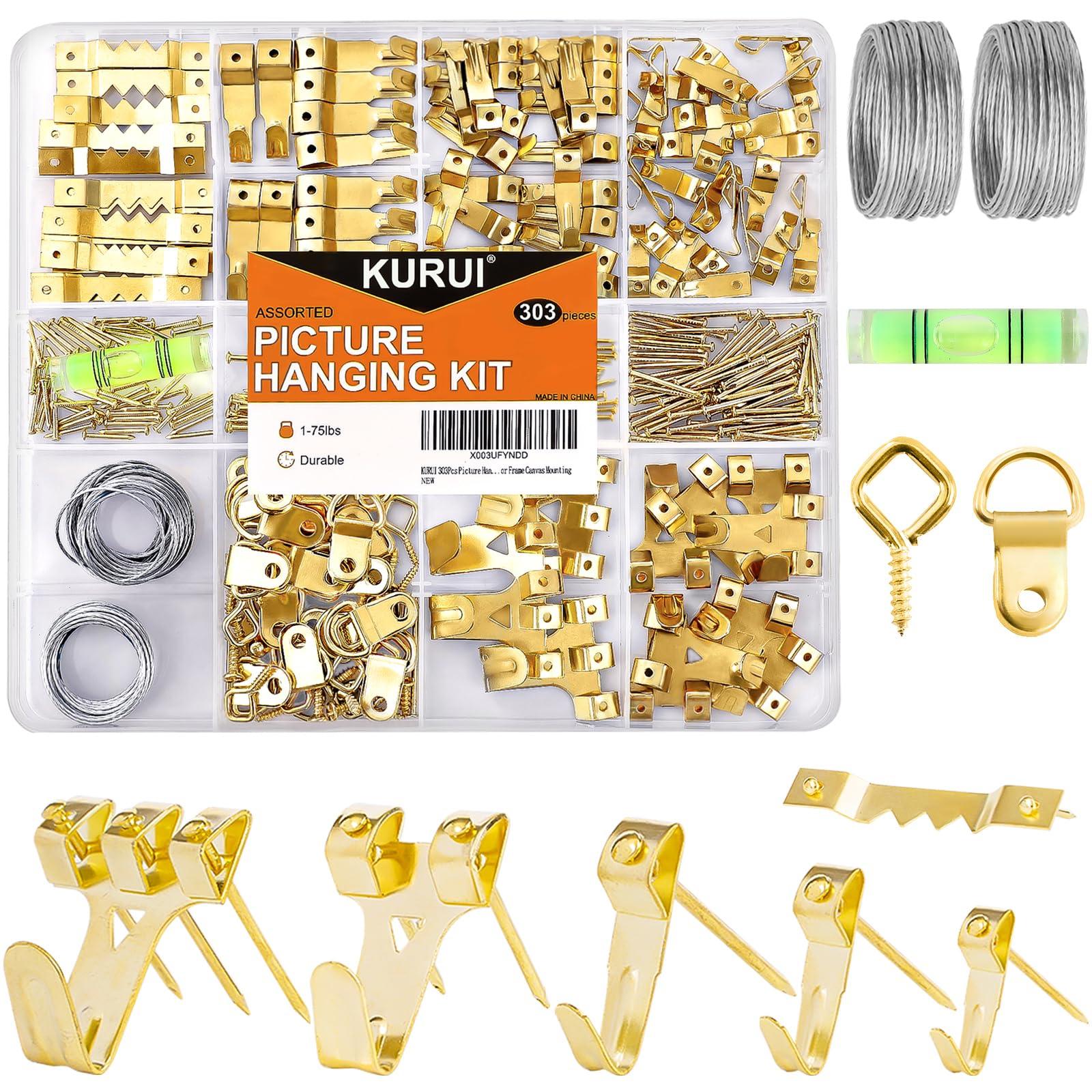 KURUI 303Pcs Picture Hanging Kit, Picture Hangers Assorted Kit with Heavy Duty Picture Hanging Hooks/Hardware Nails/Sawtooth/Wire/D Rings/Level, Metal Picture Wall Hooks for Frame Canvas Mounting