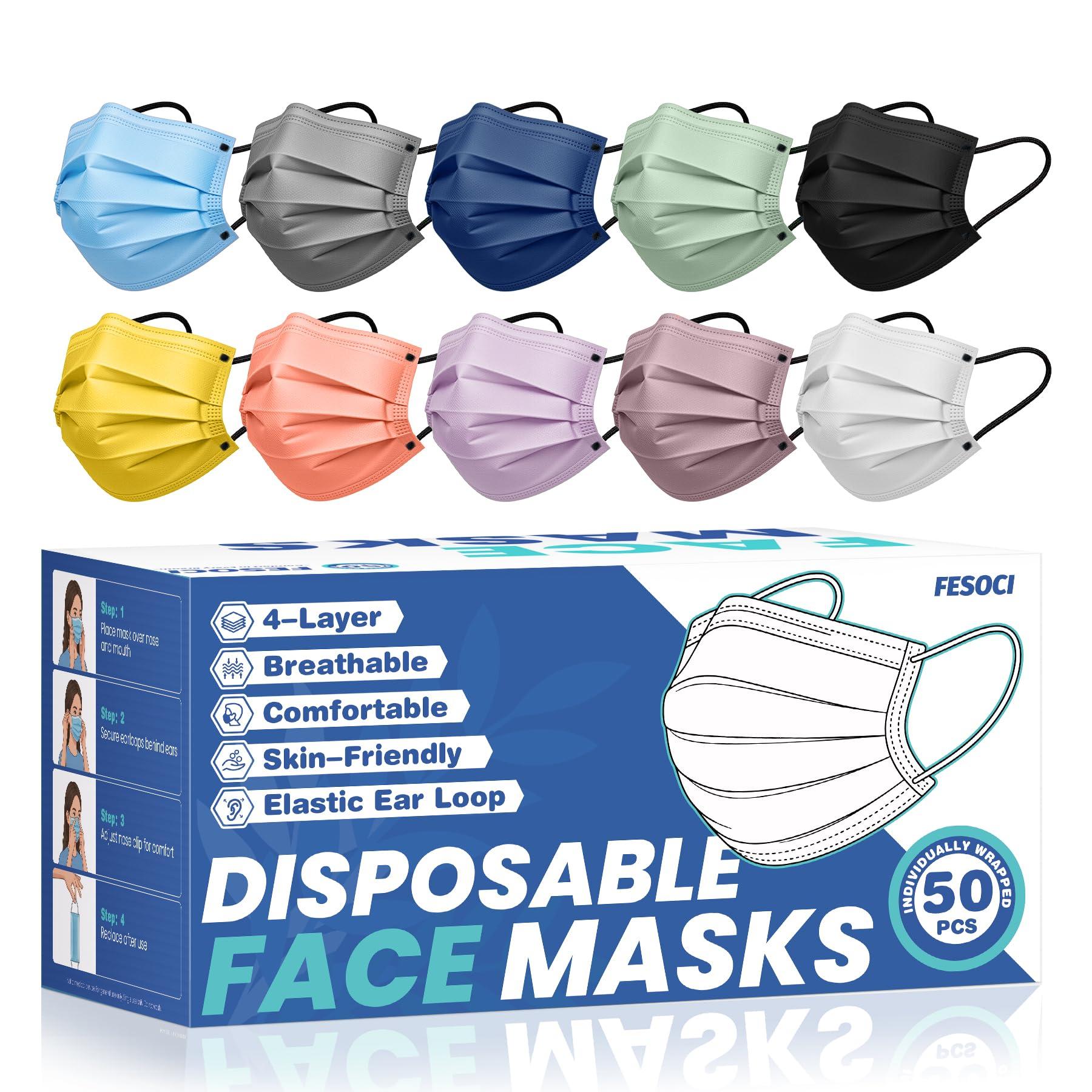 Disposable Face Mask for Adults - FSA Eligible HSA, 4 Ply 50 Pack Individually Wrapped, 10 Color Breathable Safe Travel Masks