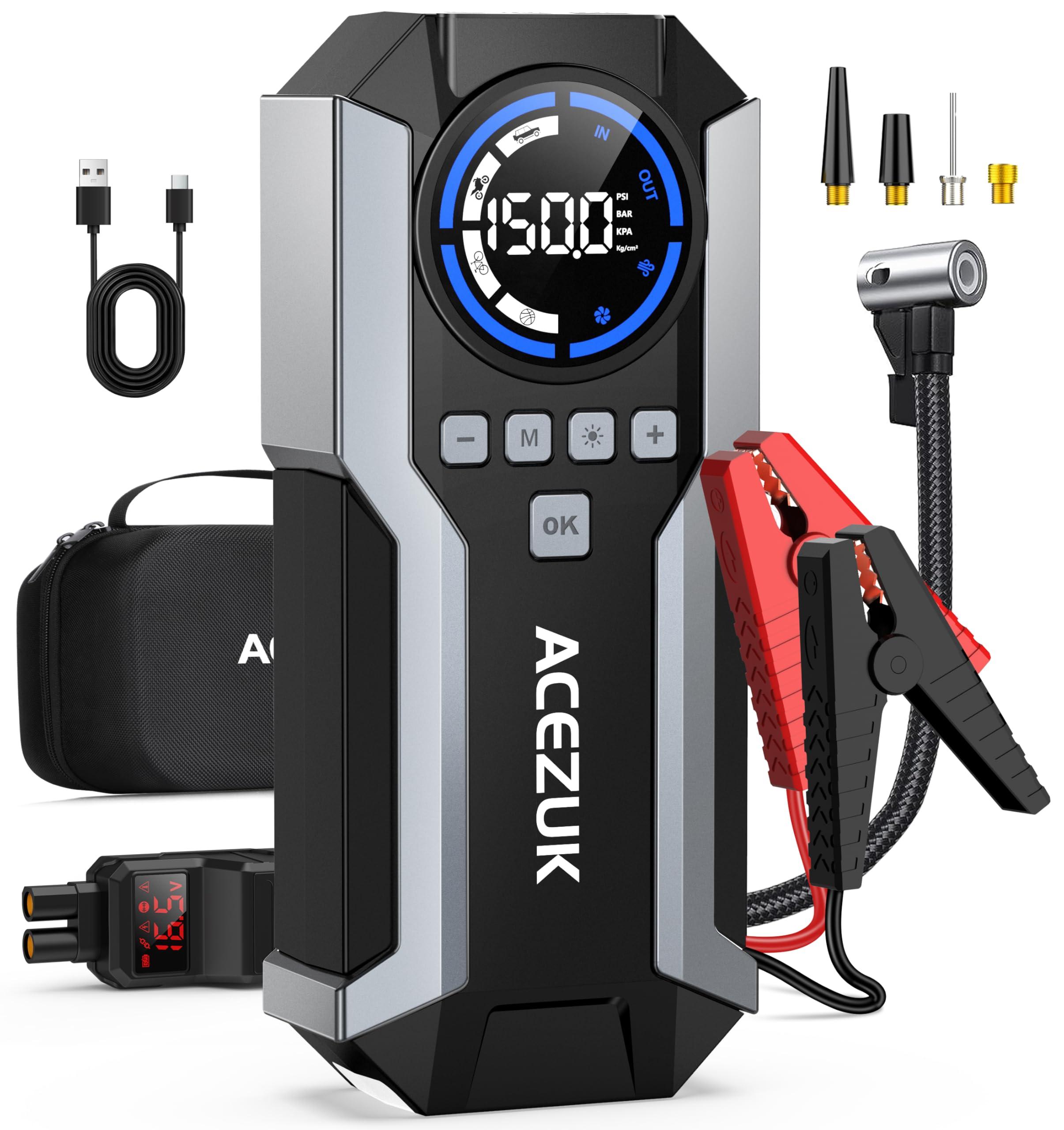 Jump Starter with Air Compressor, 8000A 150PSI Car Jump Starter (All Gas/12.0L Diesel), 12V Battery Jump Starters, Portable Jumper Cables, LCD Display and LED Lights