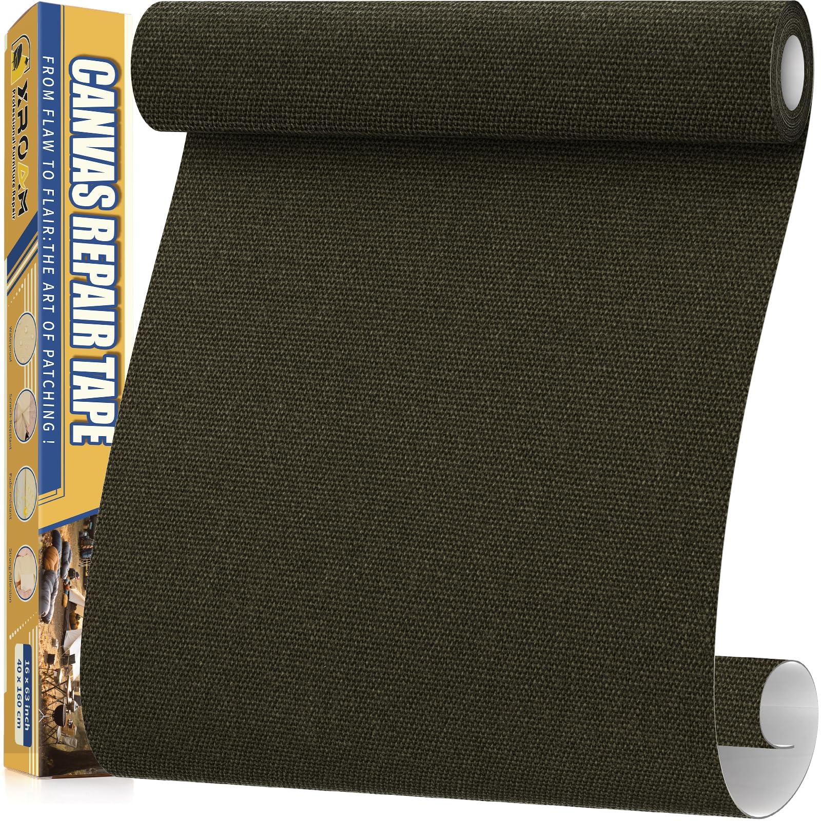 Xroam Canvas Repair Tape, 16 x 63 Inch Waterproof Heavy Duty Fabric Tape for Furniture, Self Adhesive Canvas Repair Patches for Boat Covers, Sofas, Tents, Louge Chairs, Canopy, Awning Army Green