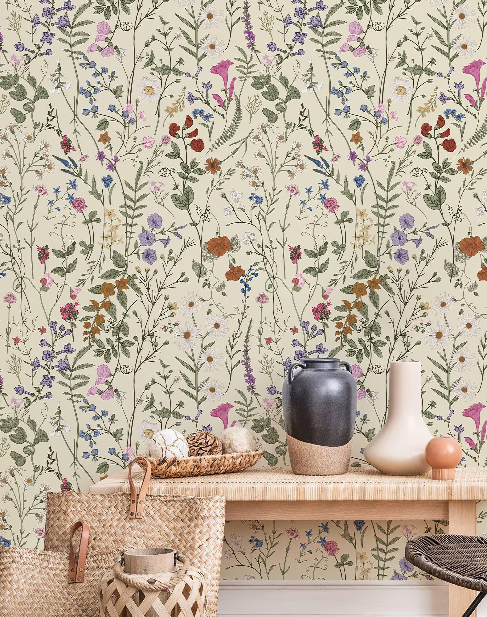 JiffDiff Floral Wallpaper Peel and Stick - Farm Floral Wall Paper Wildwood Self Adhesive Contact Paper for Home Bedroom Cabinets and Kitchen Countertop ThickenStick on Wallpaper 17.3"x118"