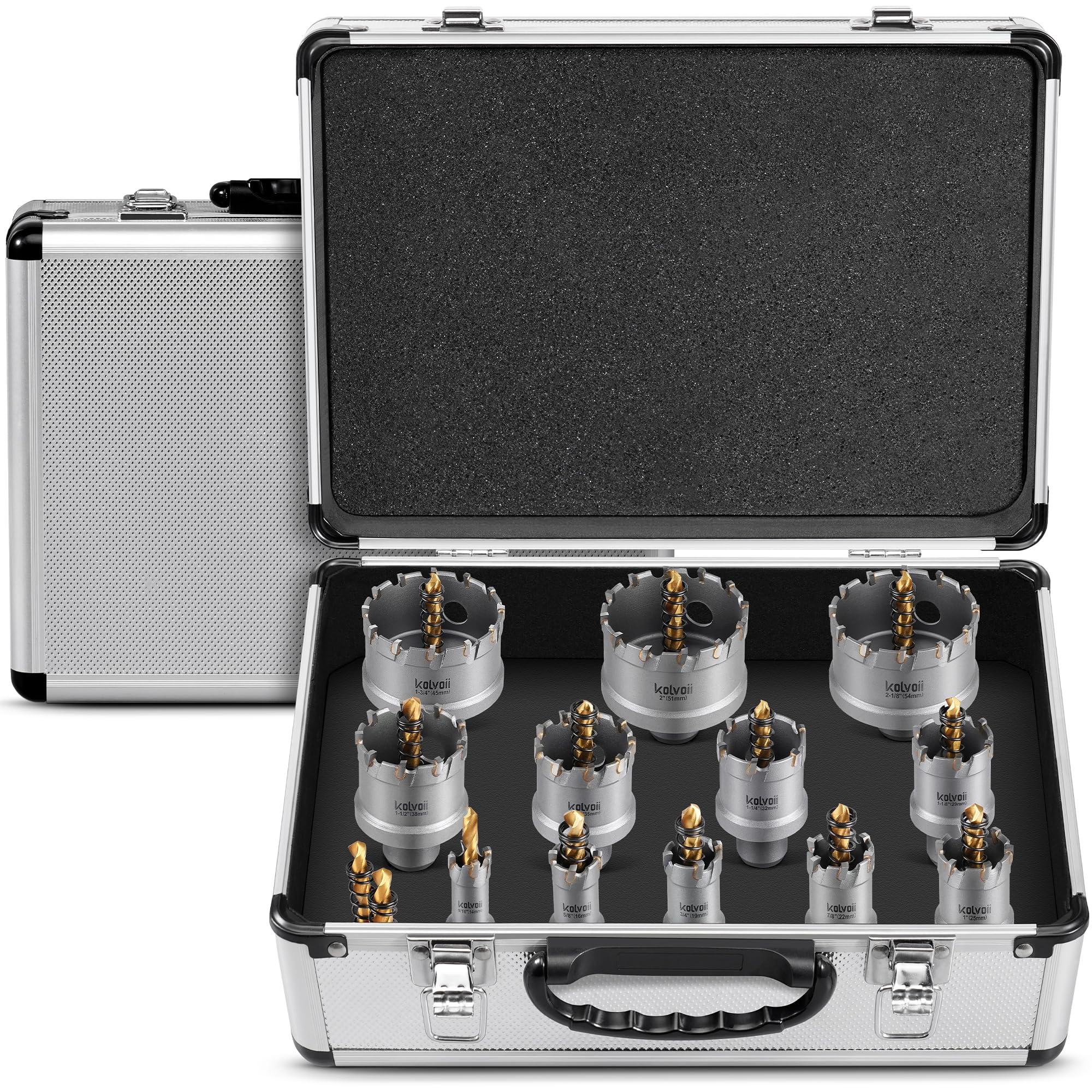 Kolvoii 14 PCS TCT Hole Saw Kit for Hard Metal, 9/16"-2-1/8" Tungsten Carbide Tipped Hole Saw Drill Bit Heavy Duty Carbide Hole Cutter Set with Aluminum Box 2 Extra Pilot Drill Bits