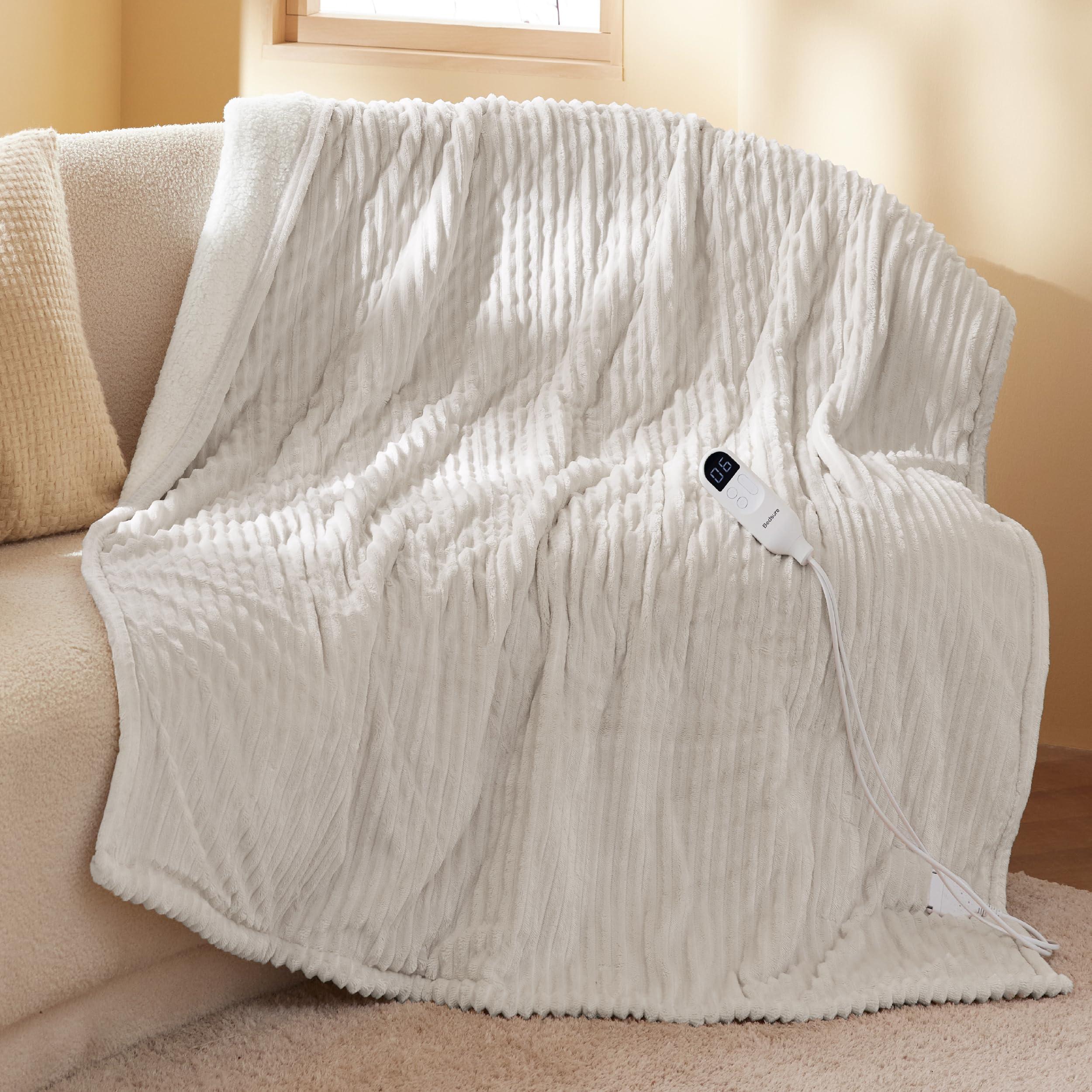 Bedsure GentleSoft Heated Blanket Throw - Soft Ribbed Flannel Electric Blanket, Heating with 6 Time Settings (Up to 10H), 6 Heat Settings & 8Hr Timer Auto Off, Gifts for Grandma (50x60 inches, Gream)