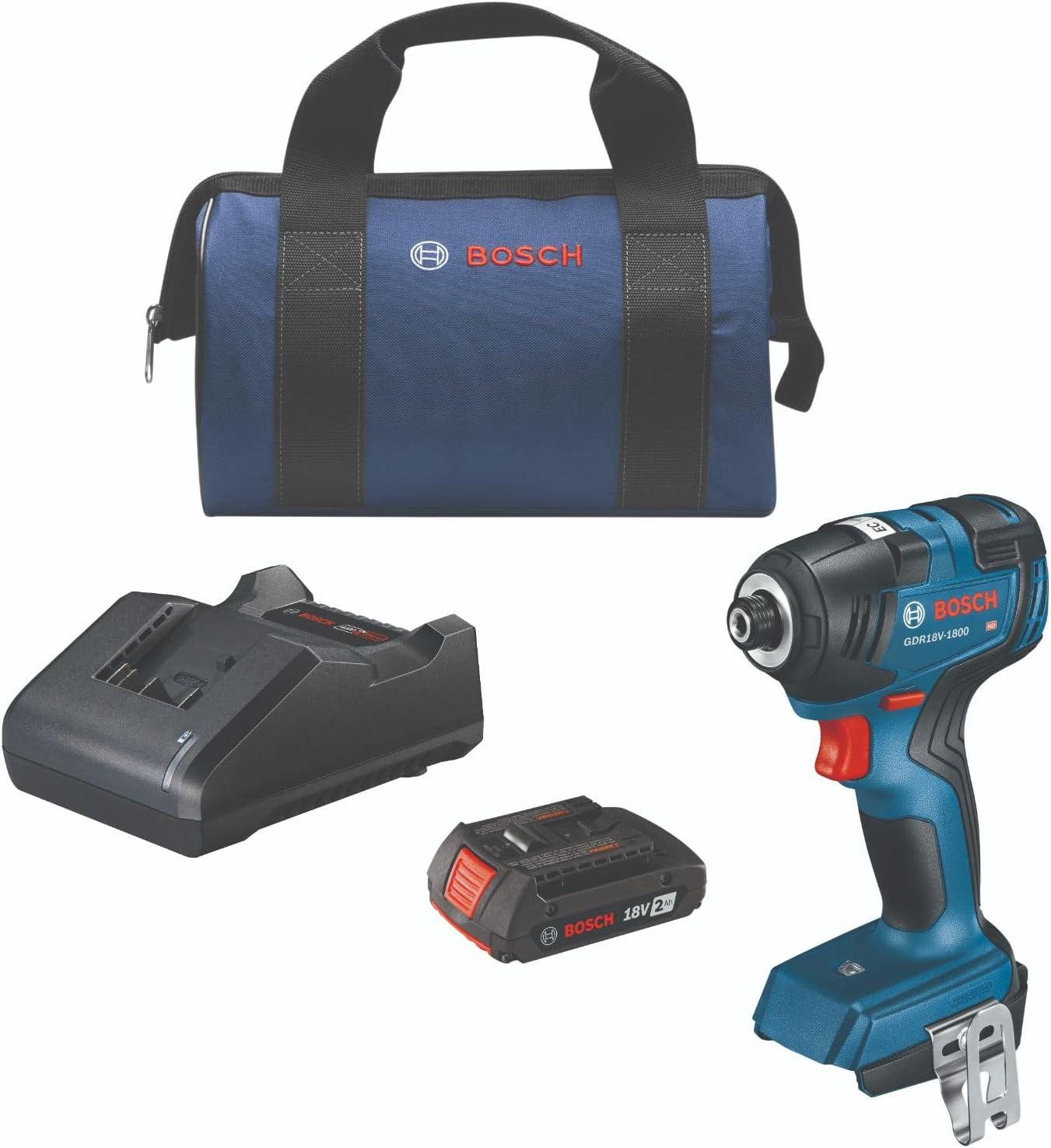 BOSCH GDR18V-1800B12 18V Cordless Brushless 1/4 In. Hex Impact Driver Kit with (1) 2 Ah Standard Power Battery, 18V Charger, and Storage Bag