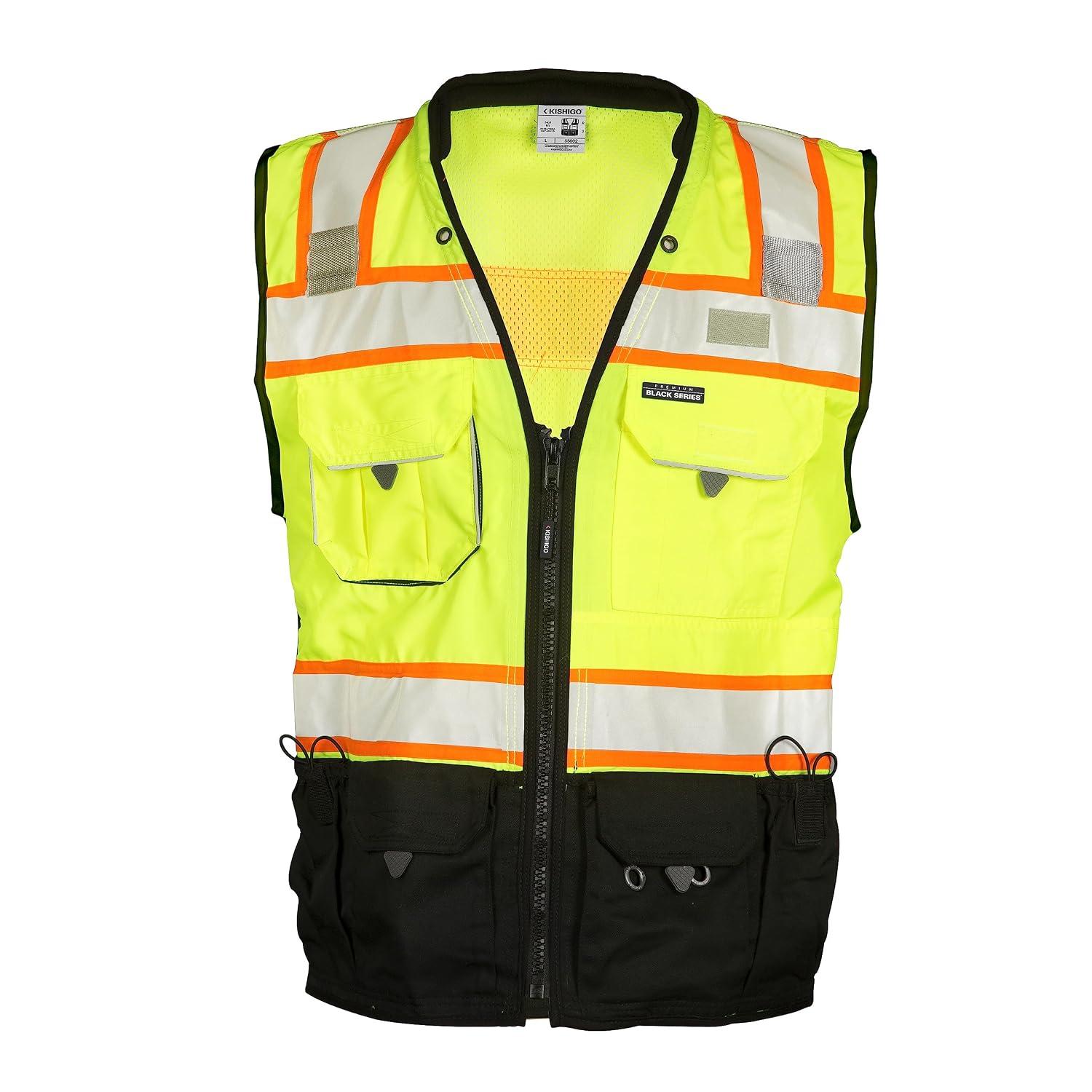 Kishigo Premium Black Series Men's Surveyors Vest S5002, Class 2 Hi-Vis, 10 Pockets